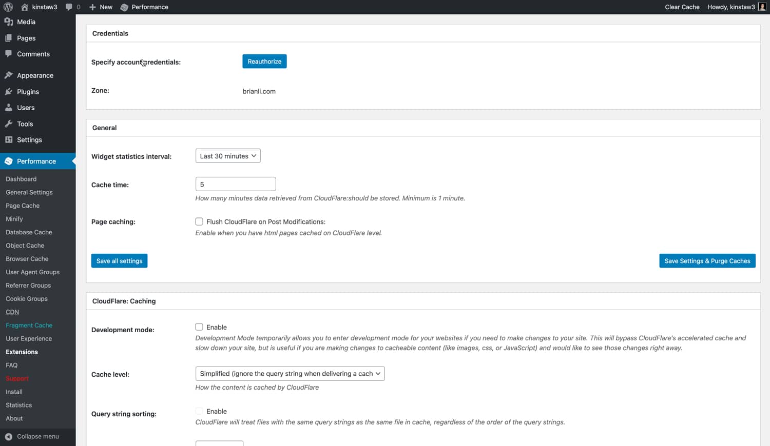 Impostazioni Cloudflare in W3 Total Cache.