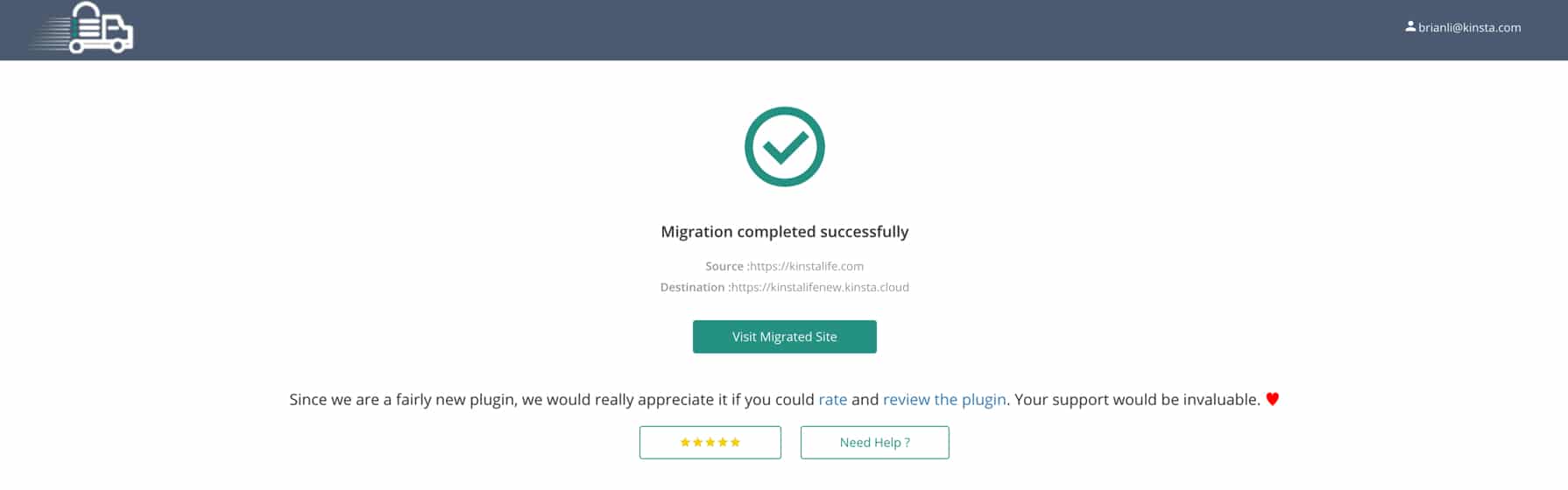 Una migrazione WordPress terminata con successo con Migrate Guru.