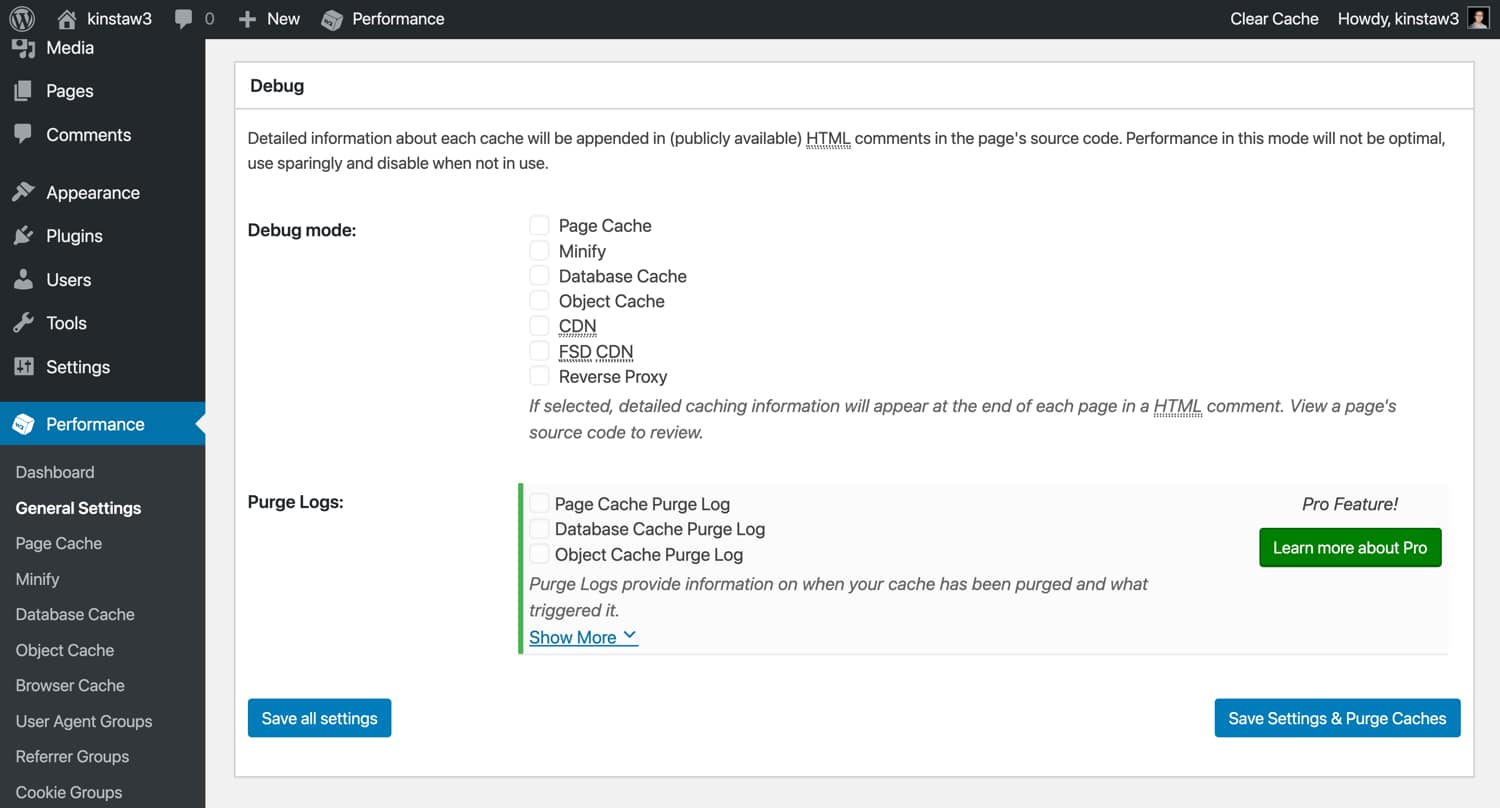 Modalità di debug in W3 Total Cache.