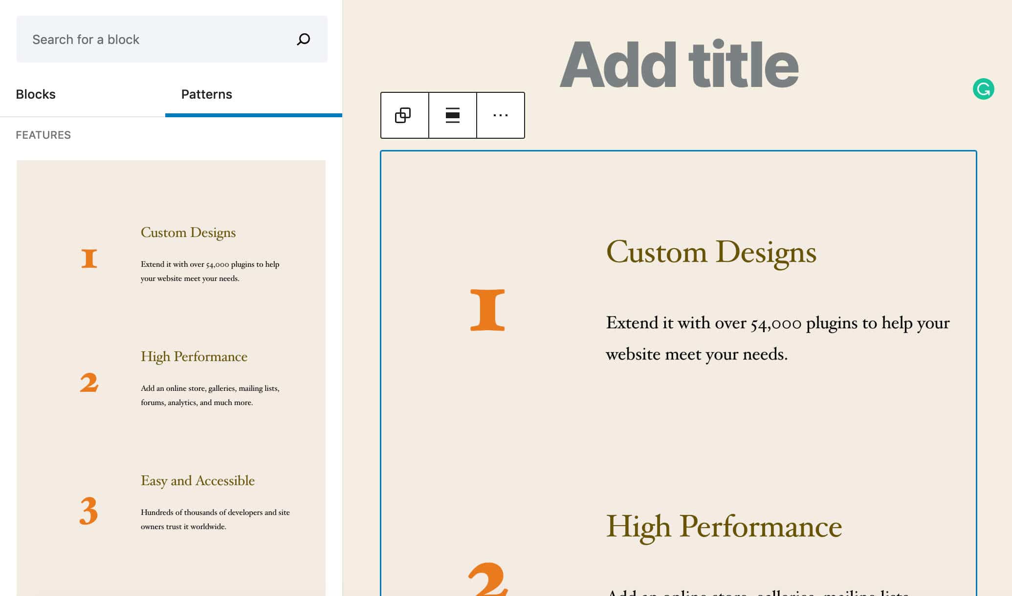 Il pattern delle Numbered features in WordPress 5.5