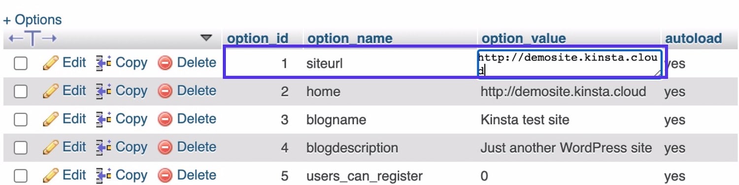 phpMyAdmin - URL di modifica