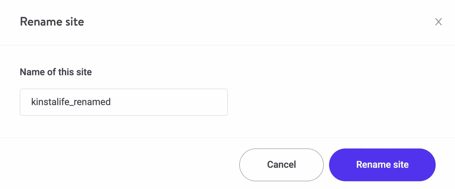 Scegliere un nuovo nome visualizzato per il sito Kinsta.