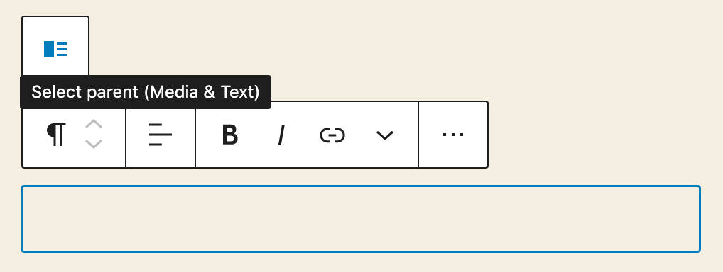 Il pulsante di selezione del blocco genitore in un blocco Media & Text