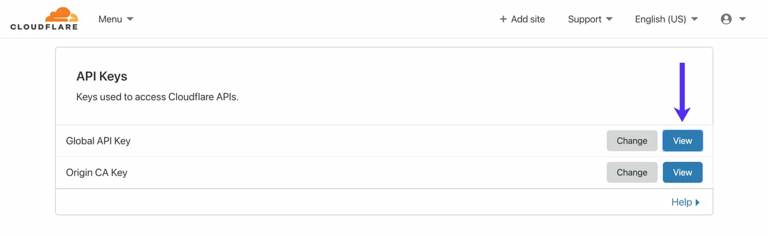 Visualizzare la chiave API globale di Cloudflare.