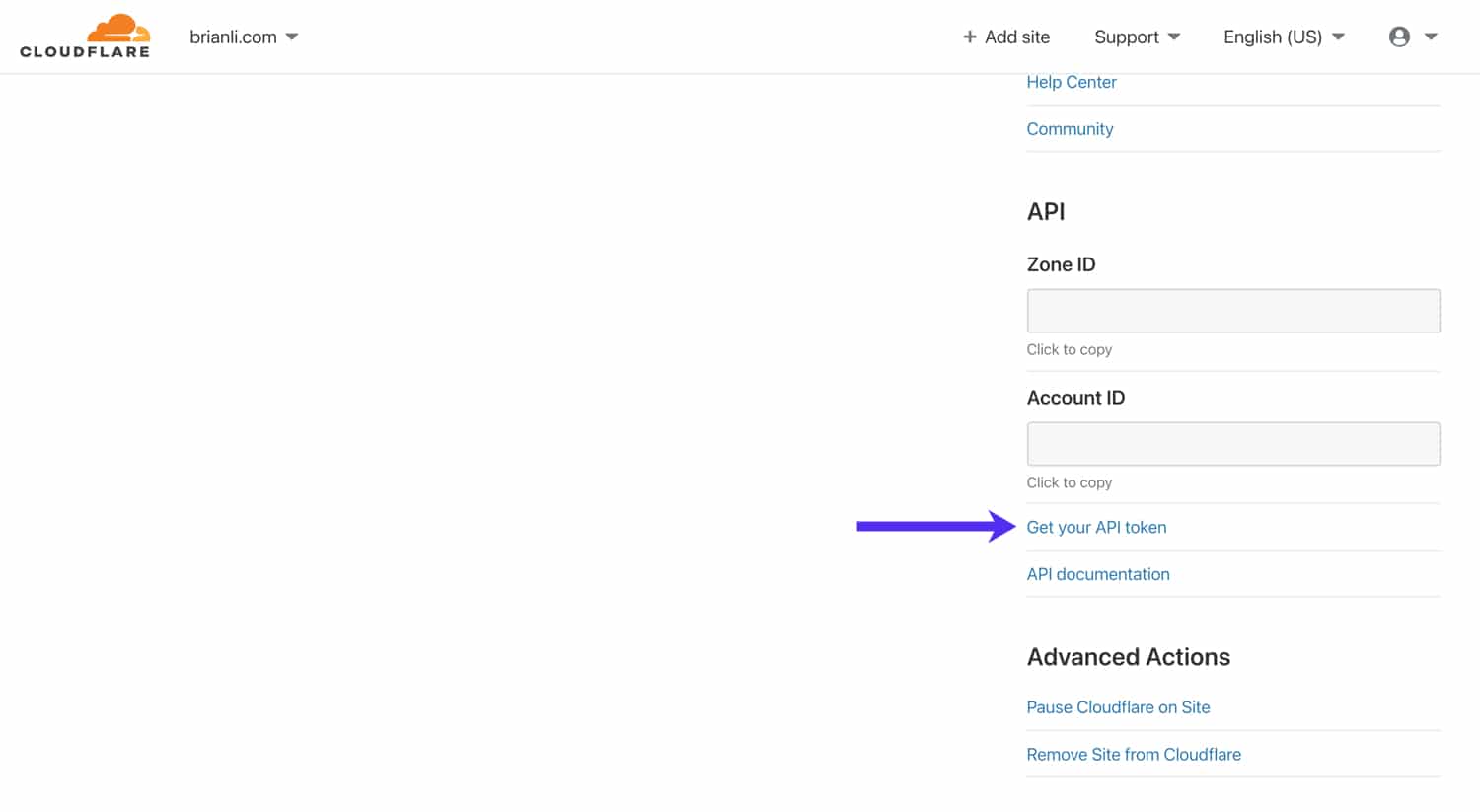 Visualizzate la vostra chiave API globale di Cloudflare.