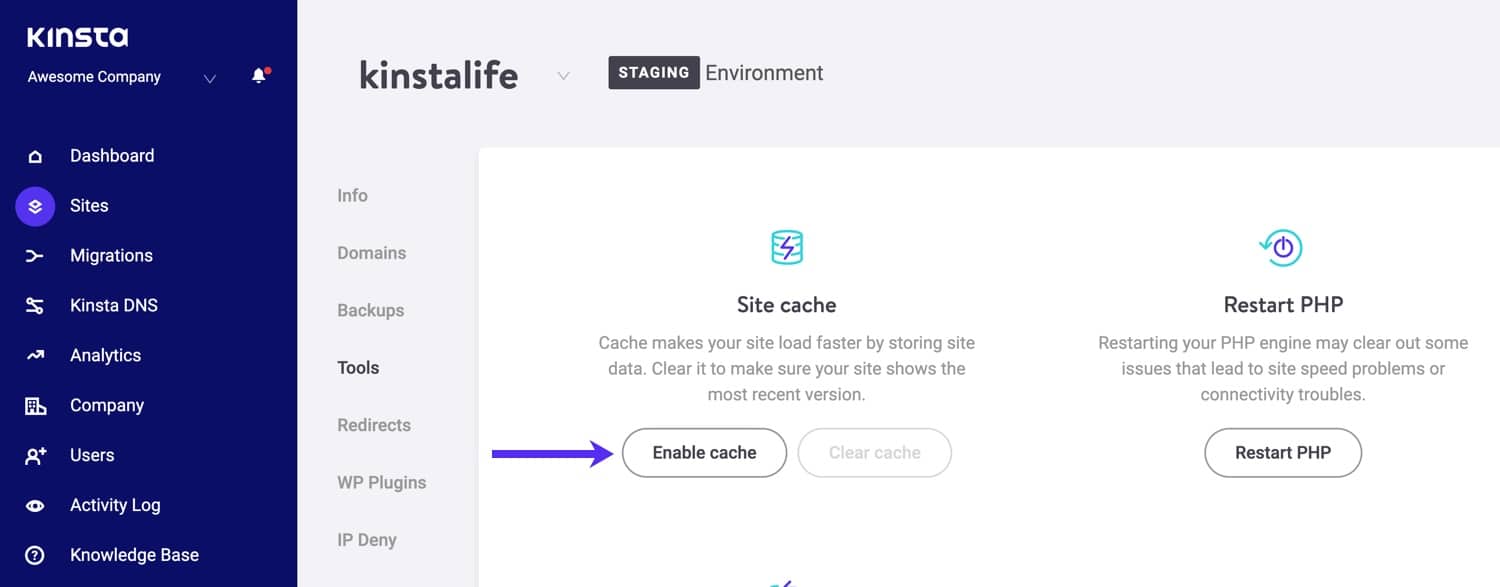 Abilitare il caching di pagina per il vostro sito di staging.