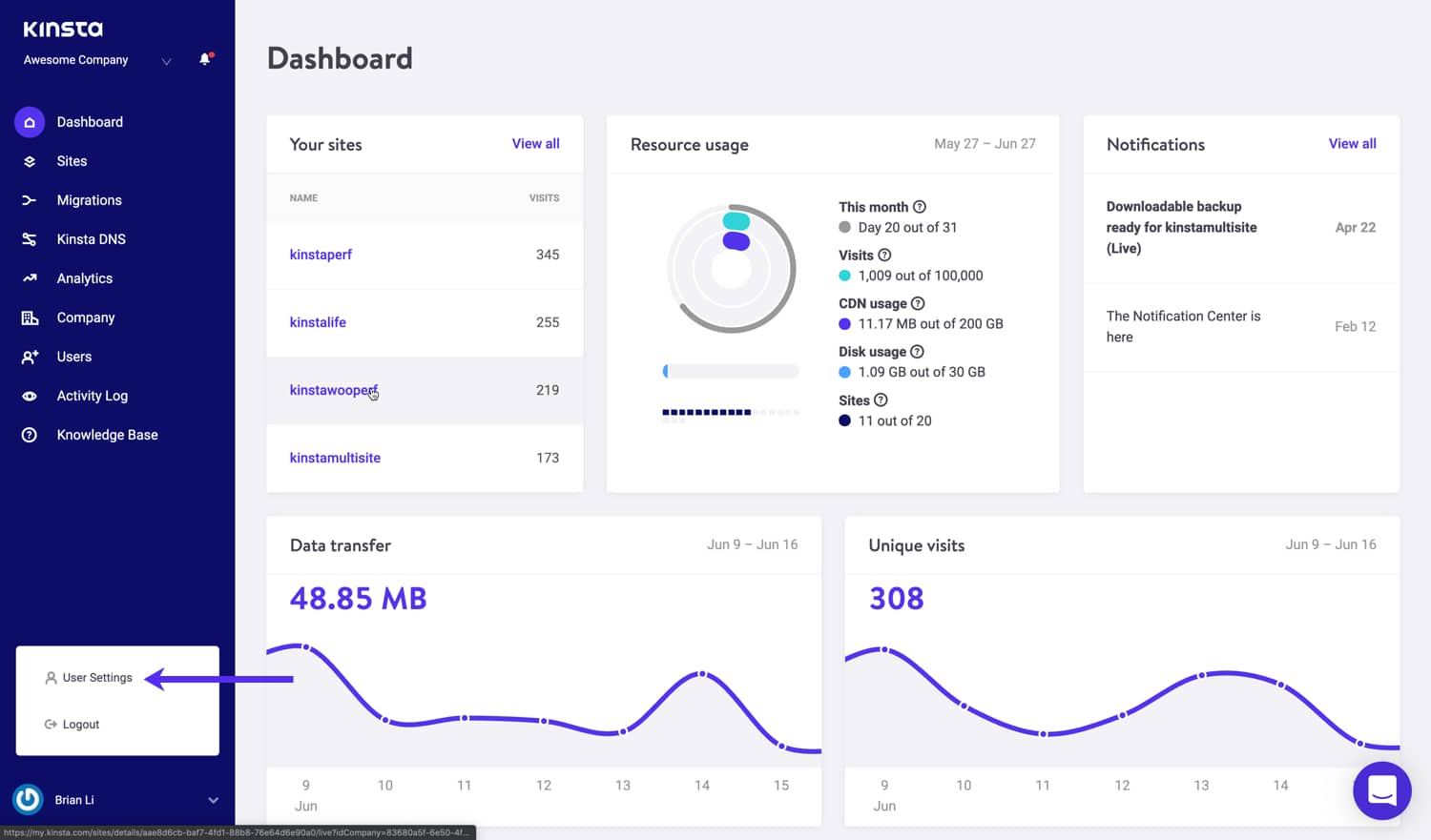 Impostazioni utente in MyKinsta.