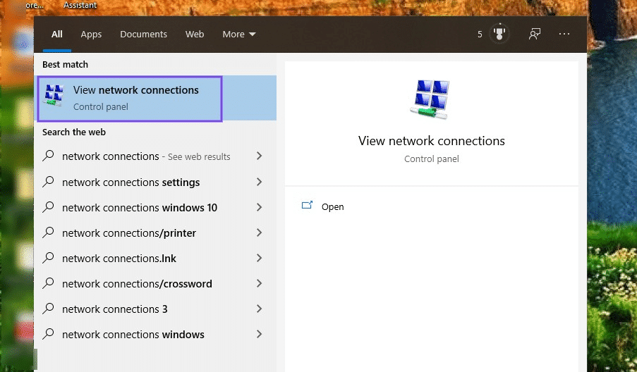 Il pannello di controllo Visualizza Connessioni di Rete nel menu di Windows