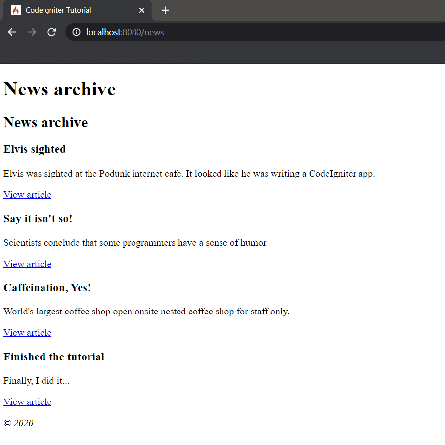 Pagina dell'archivio notizie di CodeIgniter
