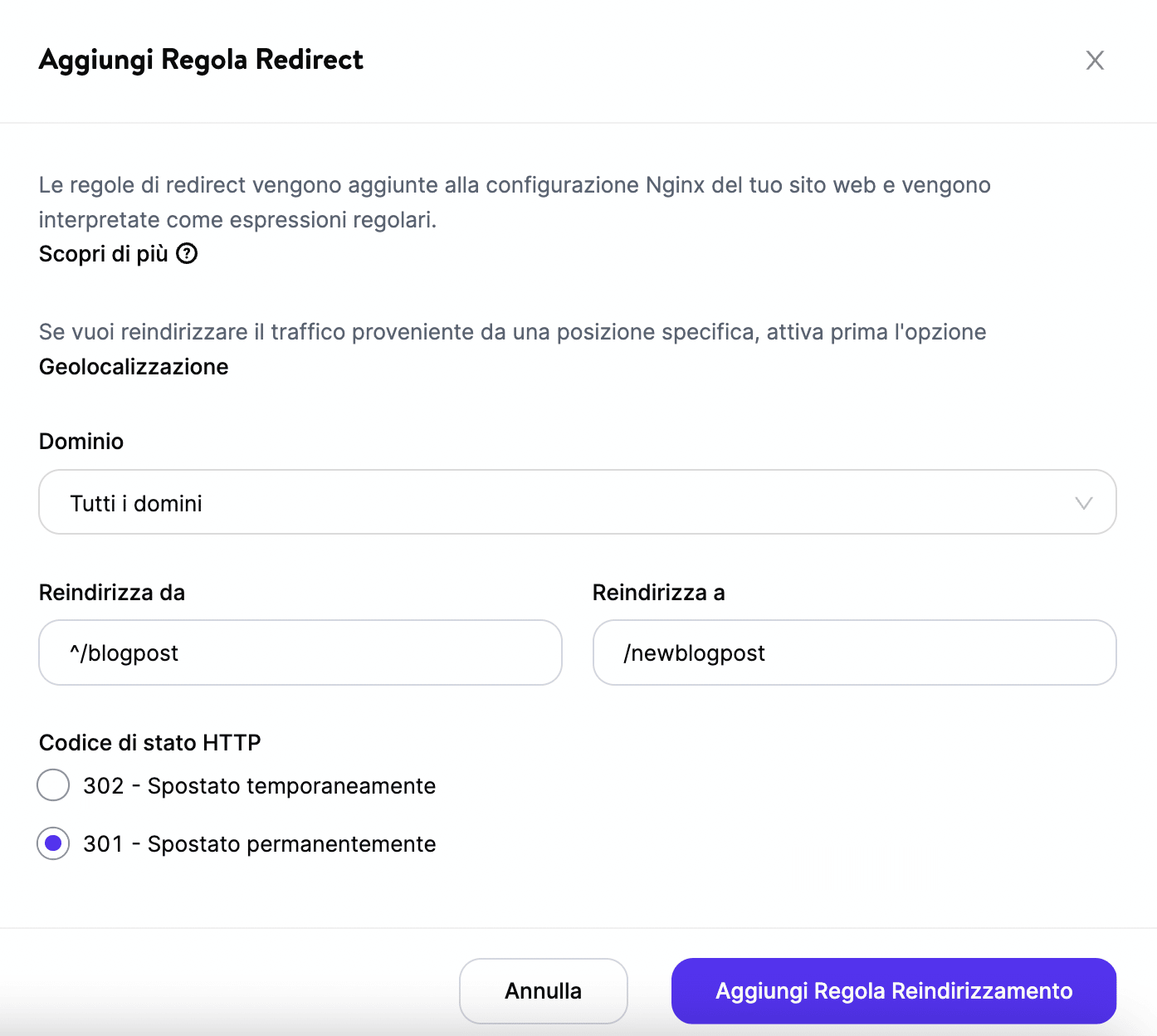 Aggiungere i reindirizzamenti in MyKinsta.