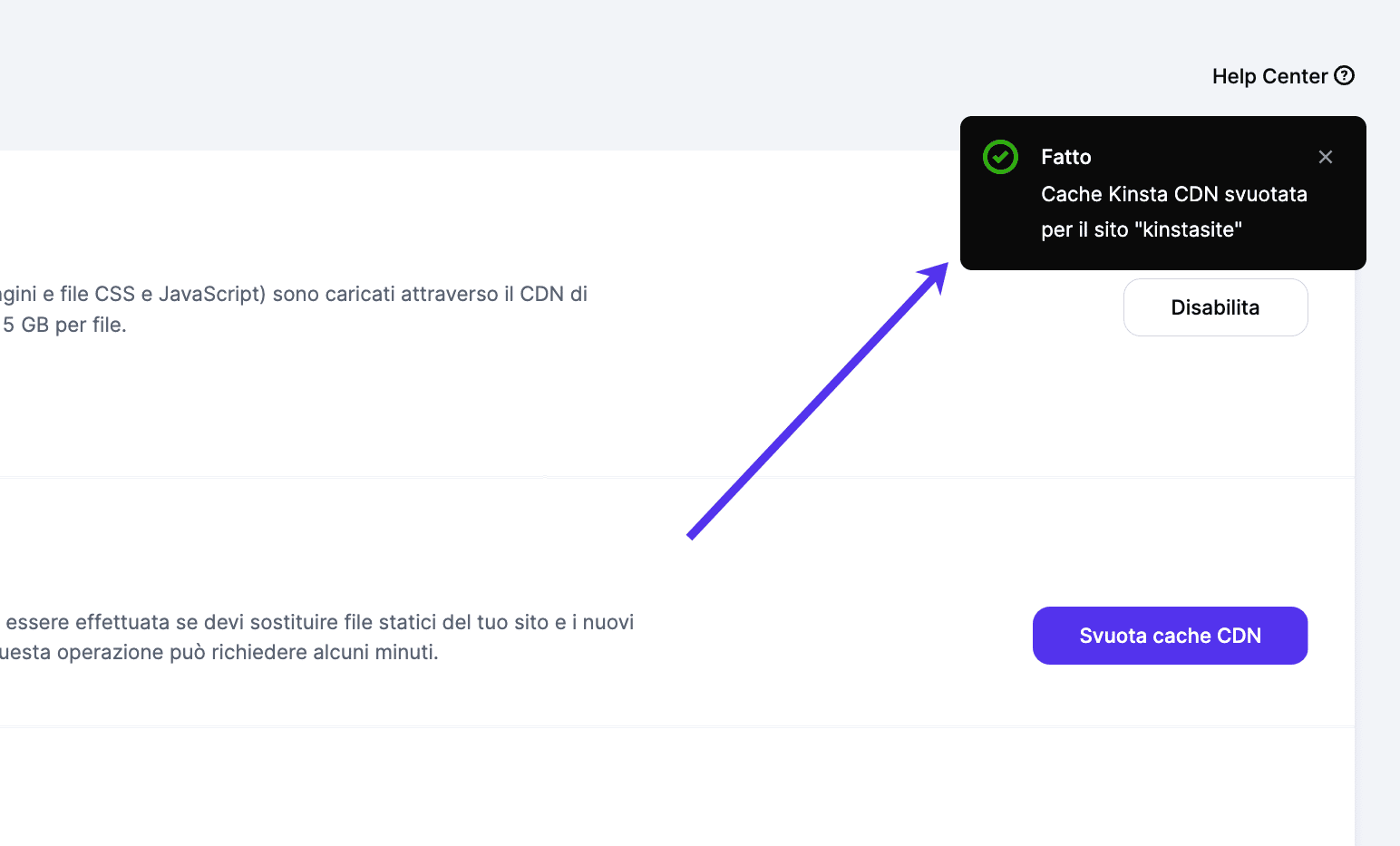 Messaggio di successo dopo aver cancellato la cache di Kinsta CDN