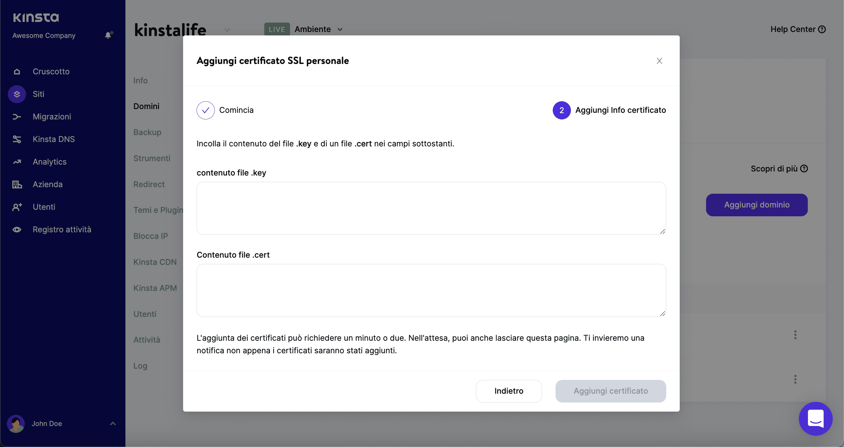 Incollate i vostri file .key e .cert in MyKinsta.