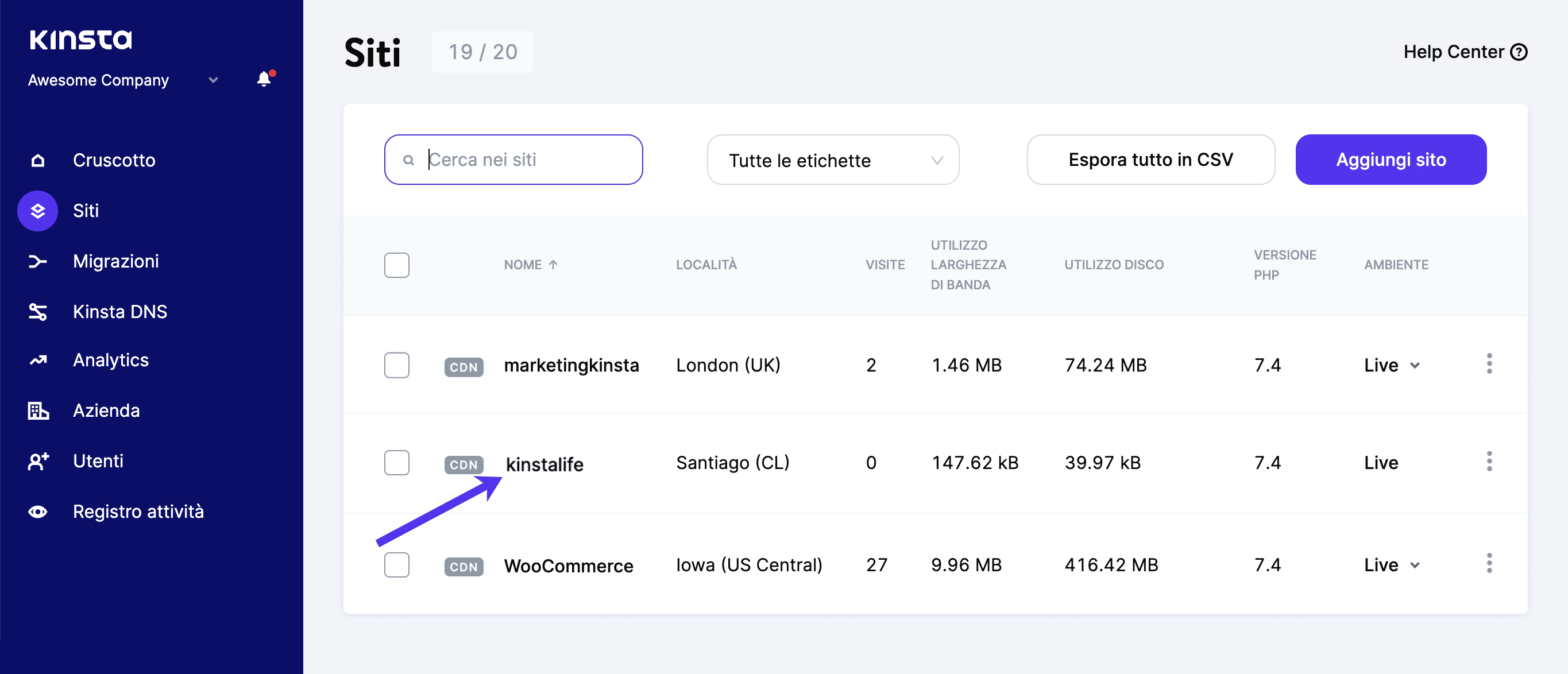 Scegliere il sito su cui cancellare la cache di WordPress