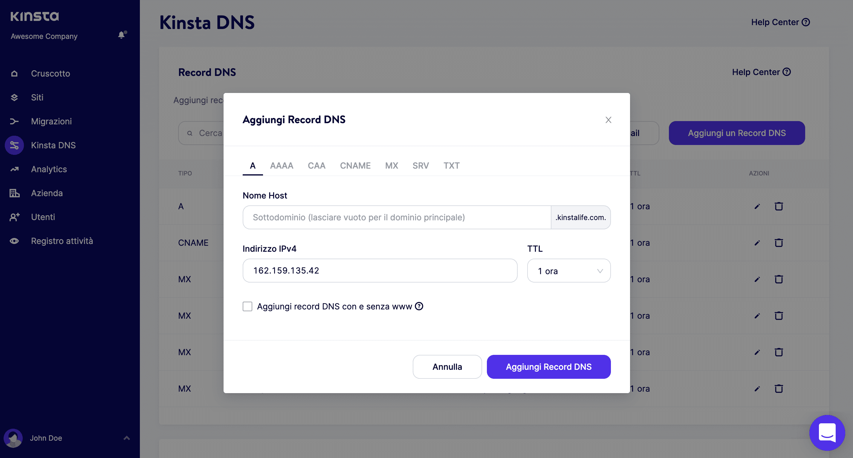 Aggiungere un record A in Kinsta DNS