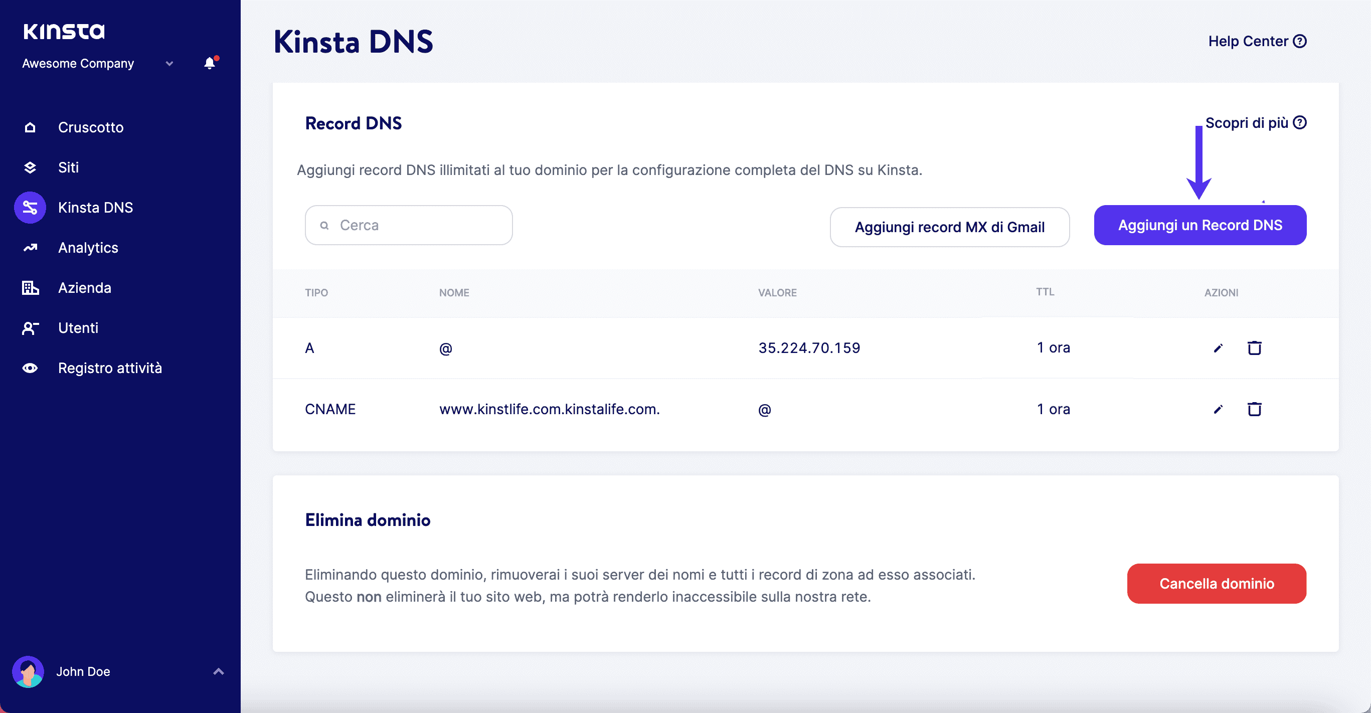 Aggiungere un record DNS in MyKinsta.