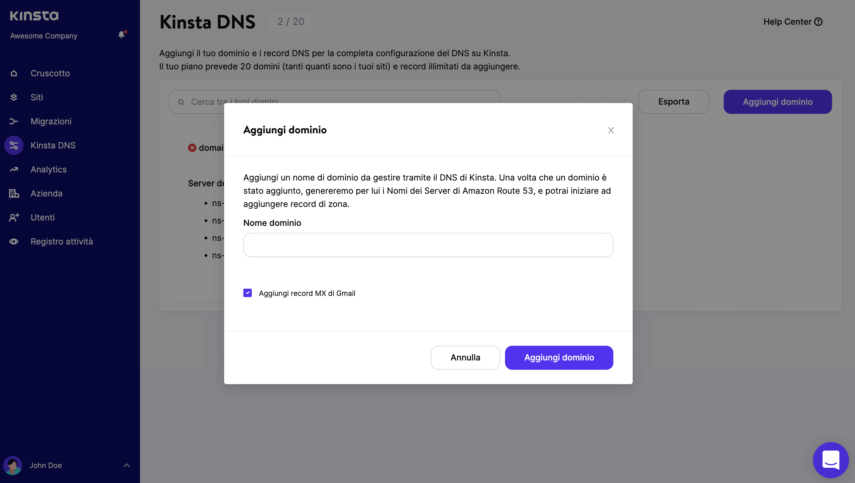 Aggiungere automaticamente i record MX di Gmail con Kinsta DNS.