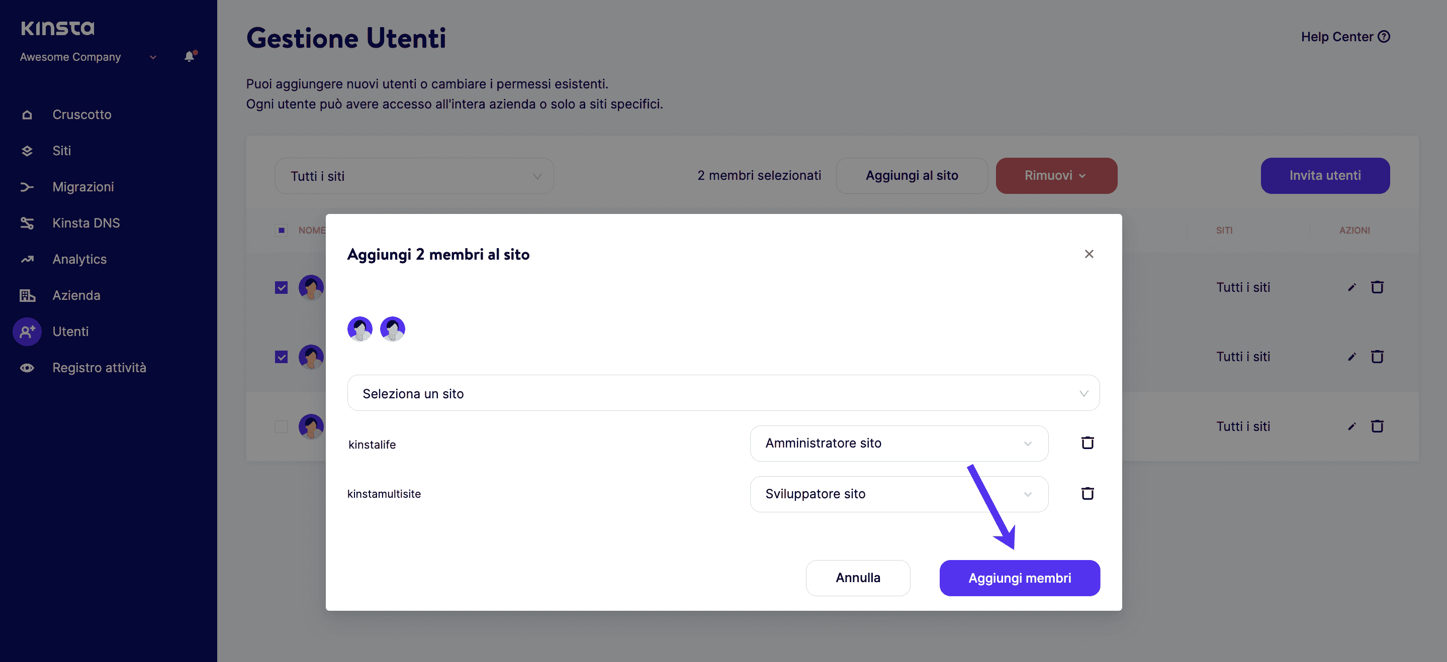 Fate clic su Aggiungi membri per confermare gli utenti che state aggiungendo ai vostri siti.