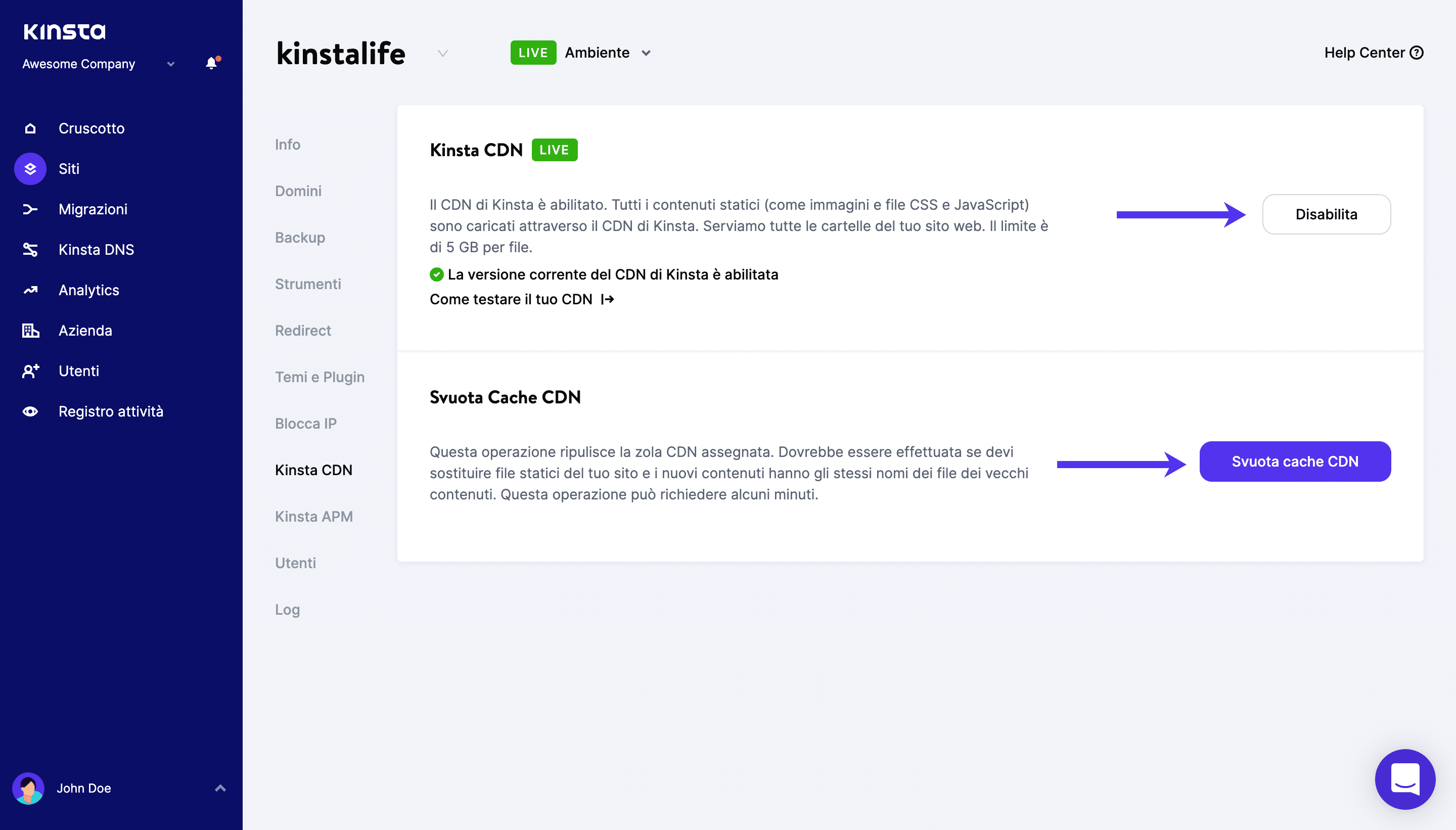 Disabilitate Kinsta CDN o cancellate la cache CDN in MyKinsta.