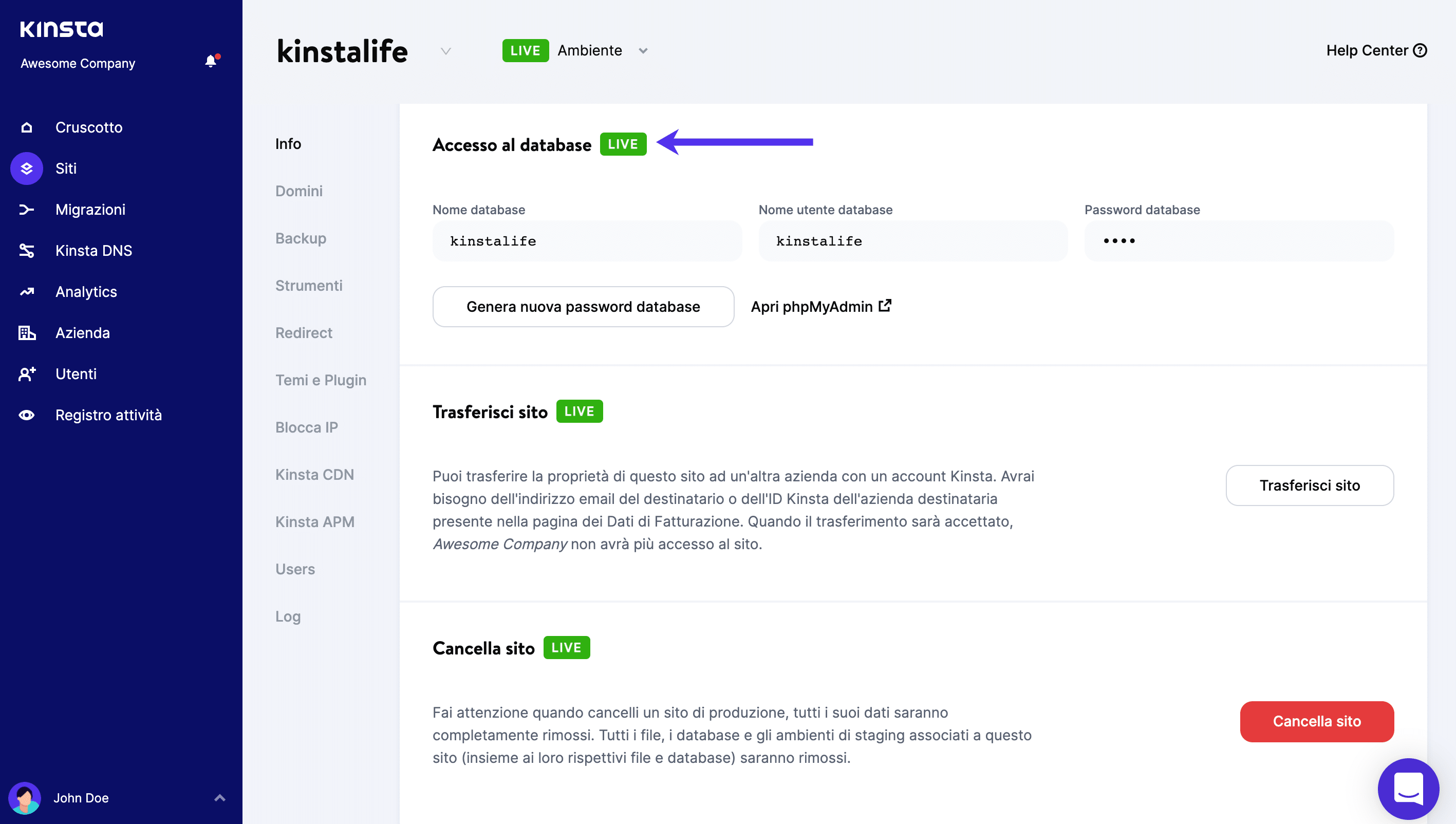 Credenziali di accesso al database in MyKinsta.