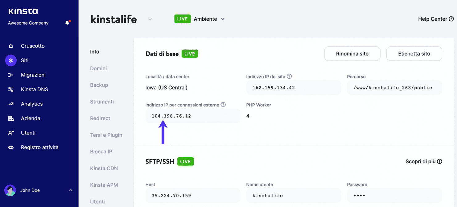 Indirizzo IP per connessioni esterne