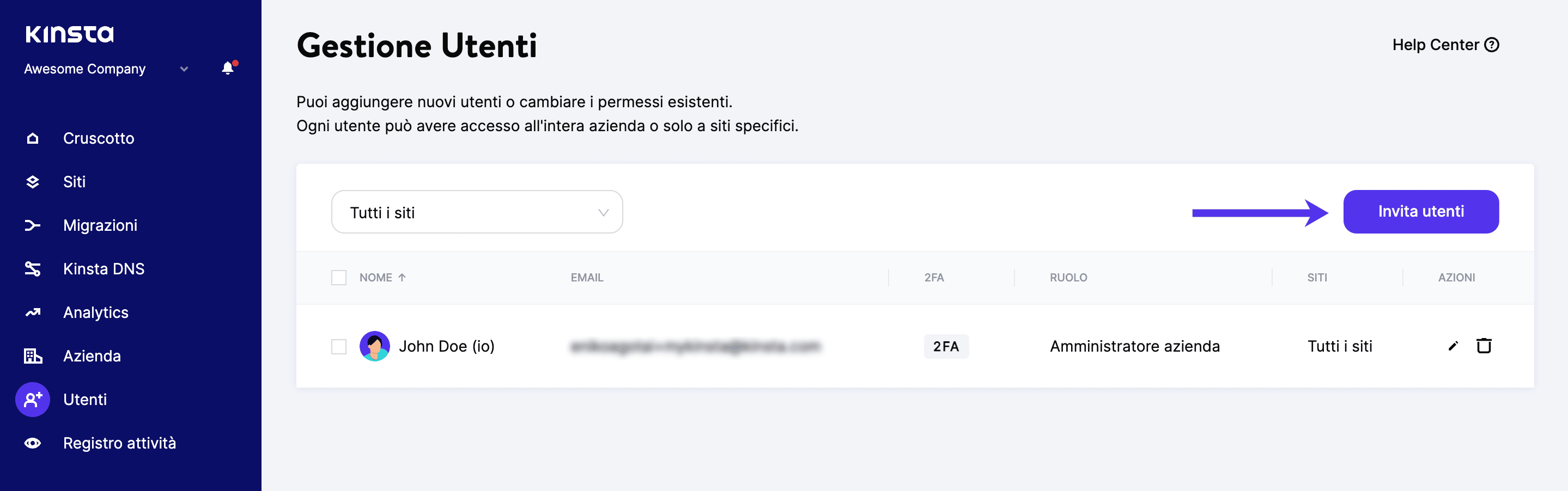 Invitate un nuovo utente in MyKinsta.