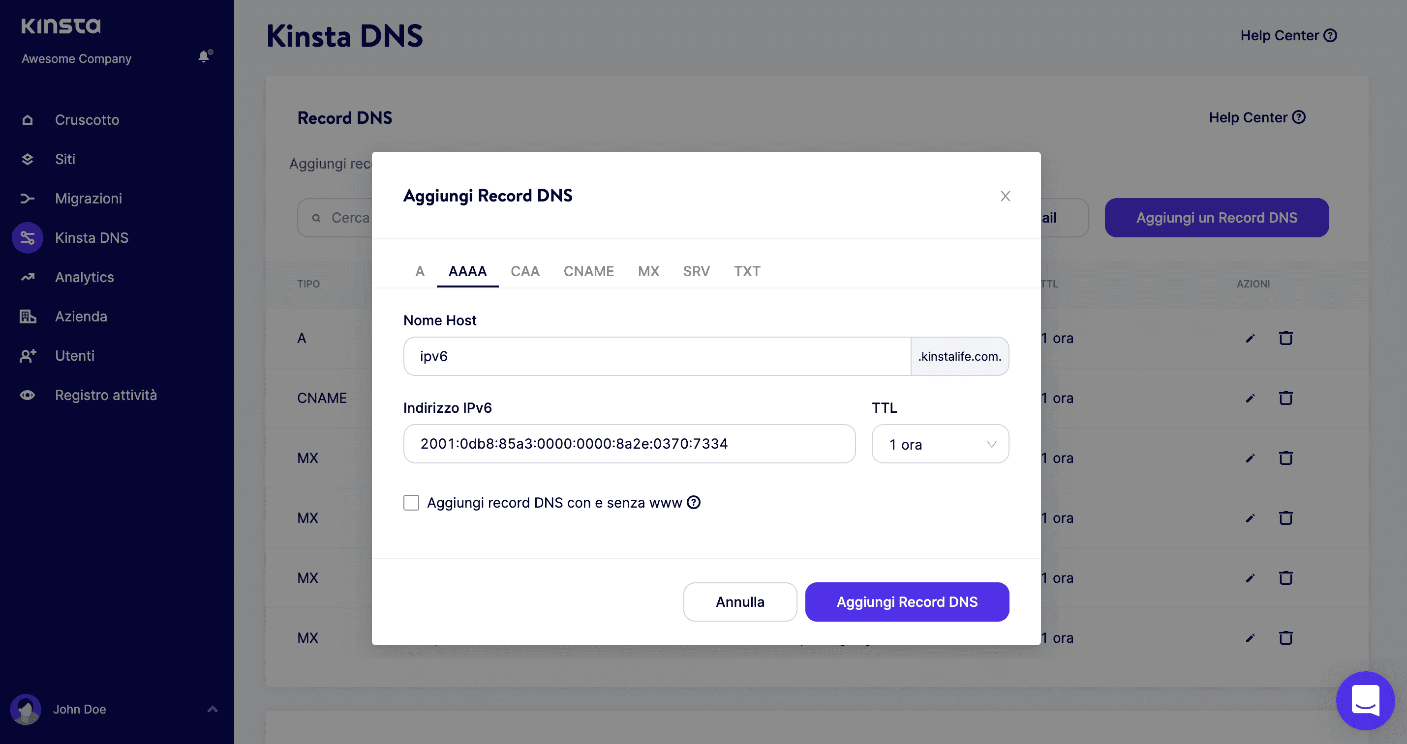 Aggiungete un record AAAA in Kinsta DNS.