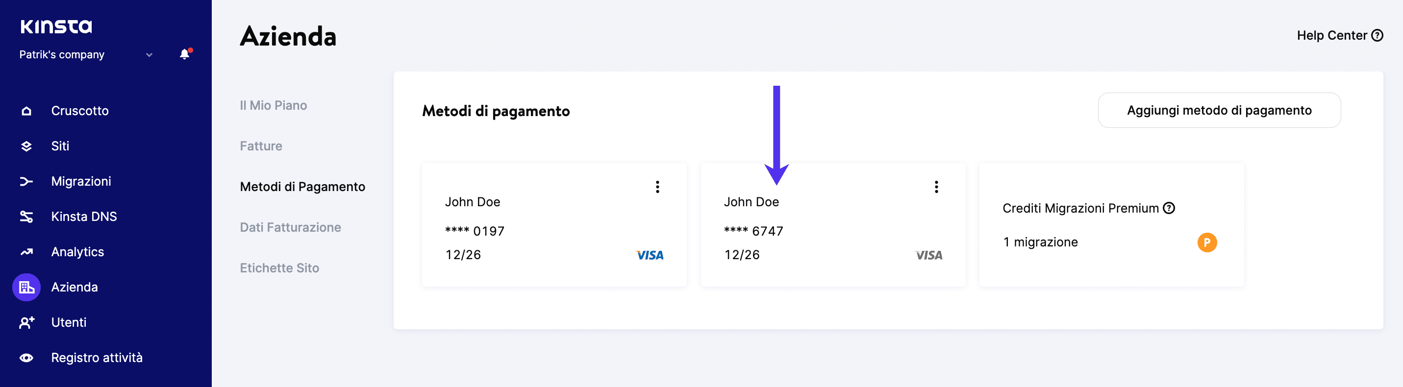 Una nuova carta di credito su MyKinsta.