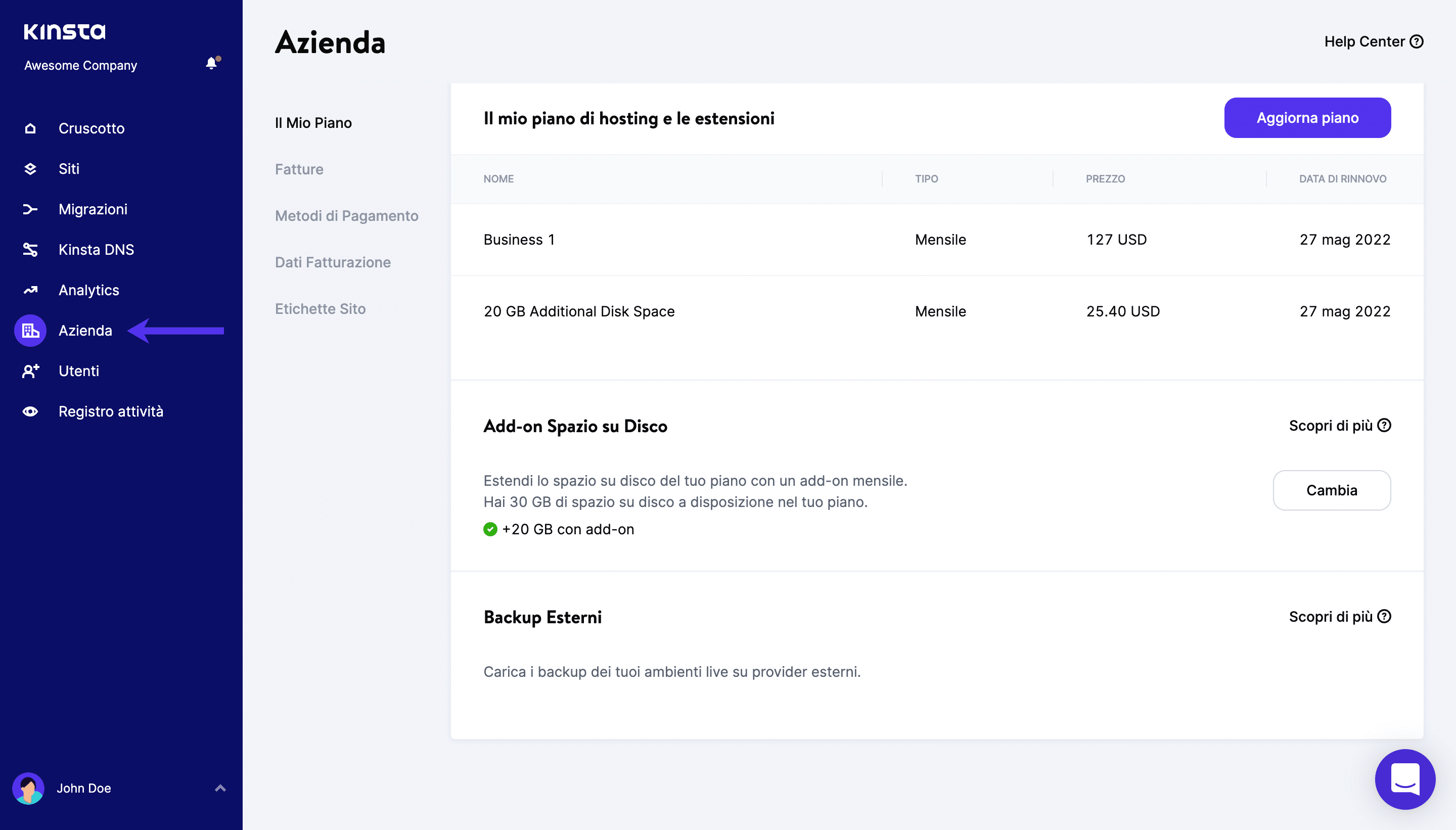 Andate su Azienda in MyKinsta.
