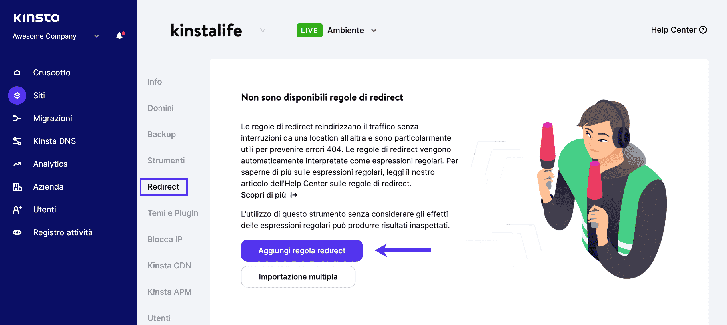 Il pulsante Aggiungi regola redirect dalla sezione Redirect di MyKinsta.