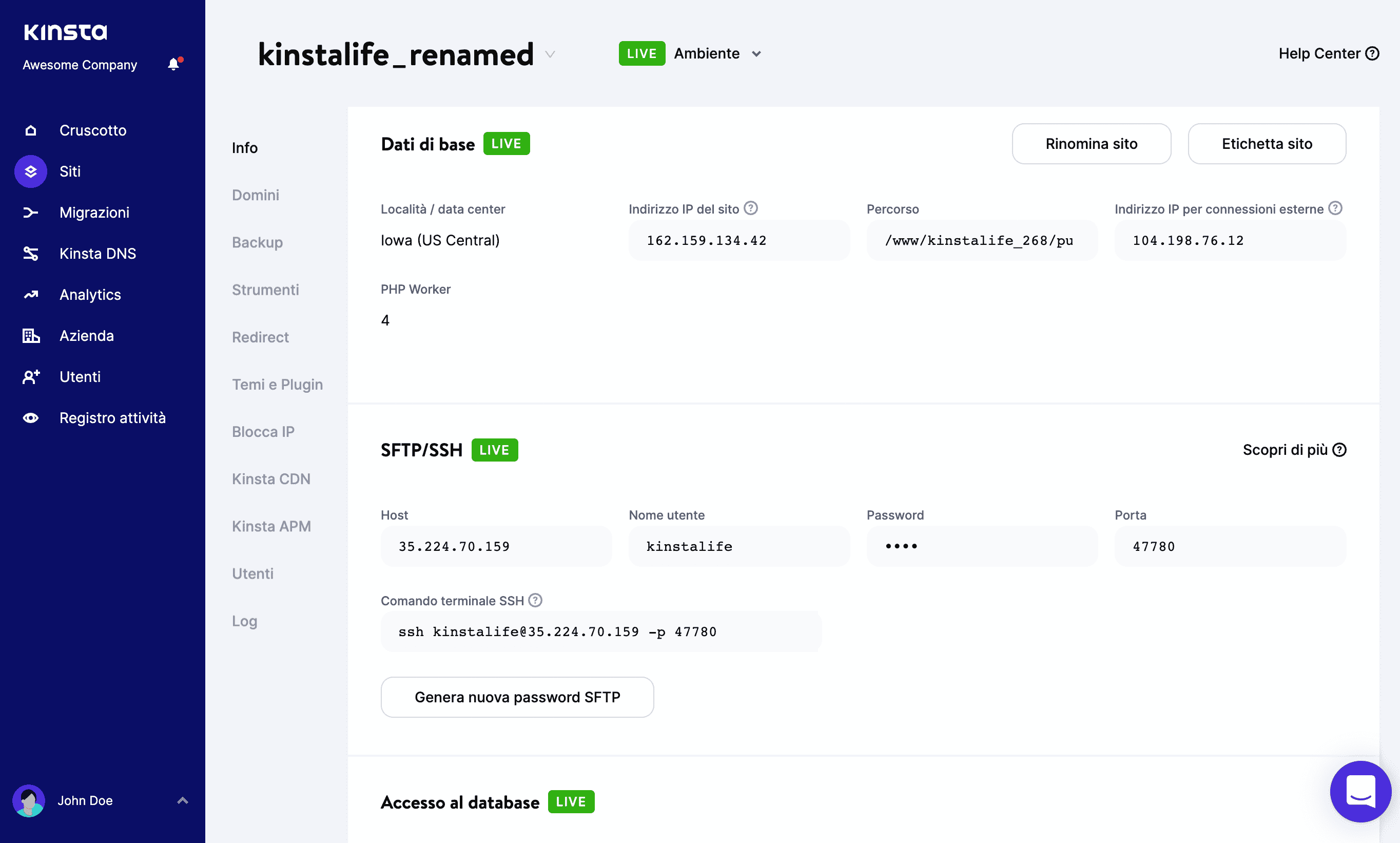 Esempio di un sito rinominato in MyKinsta.