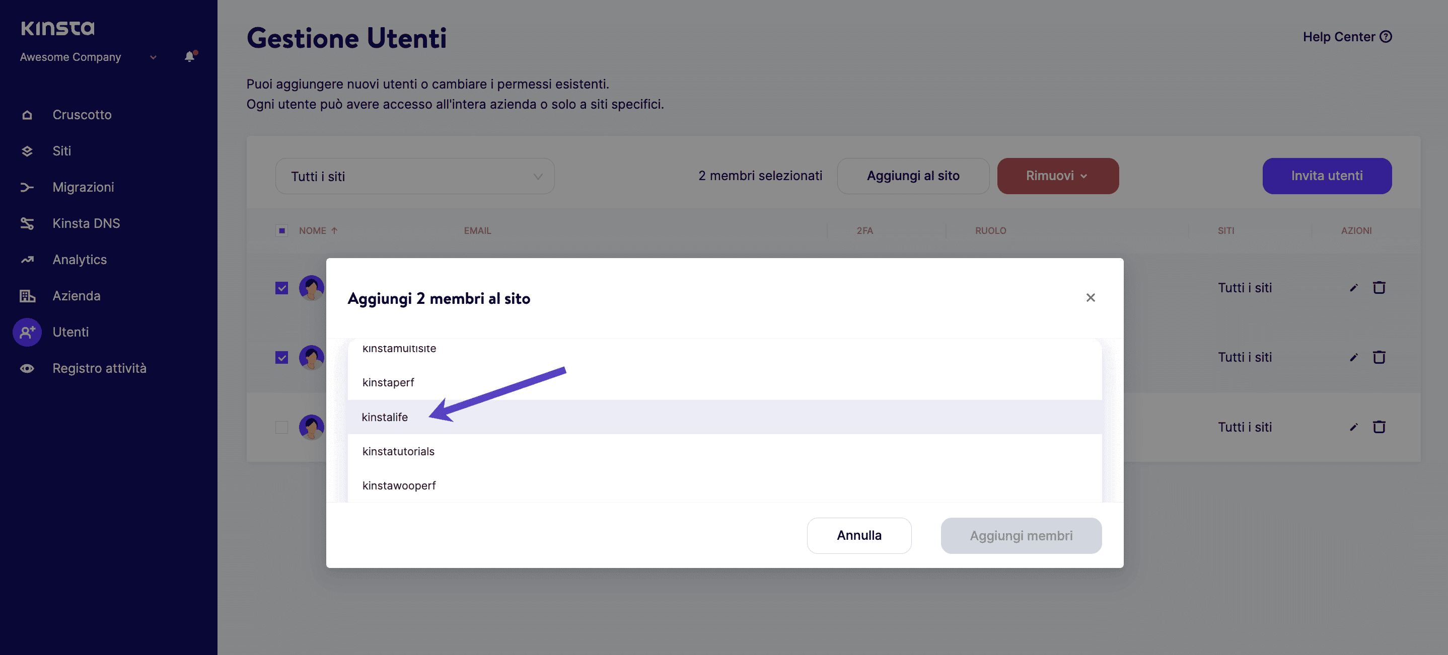 Selezionare un sito a cui aggiungere utenti.