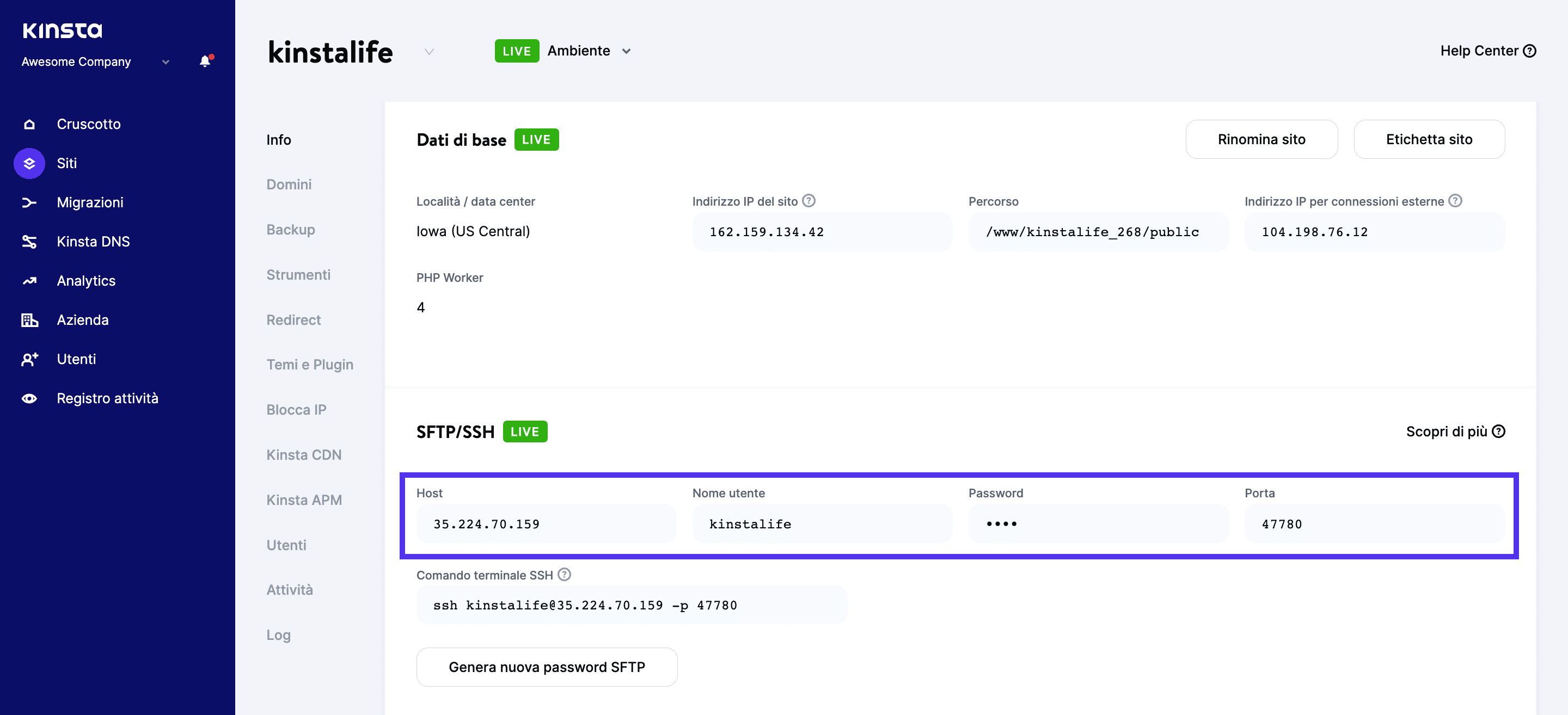Dettagli SFTP/SSH in MyKinsta.