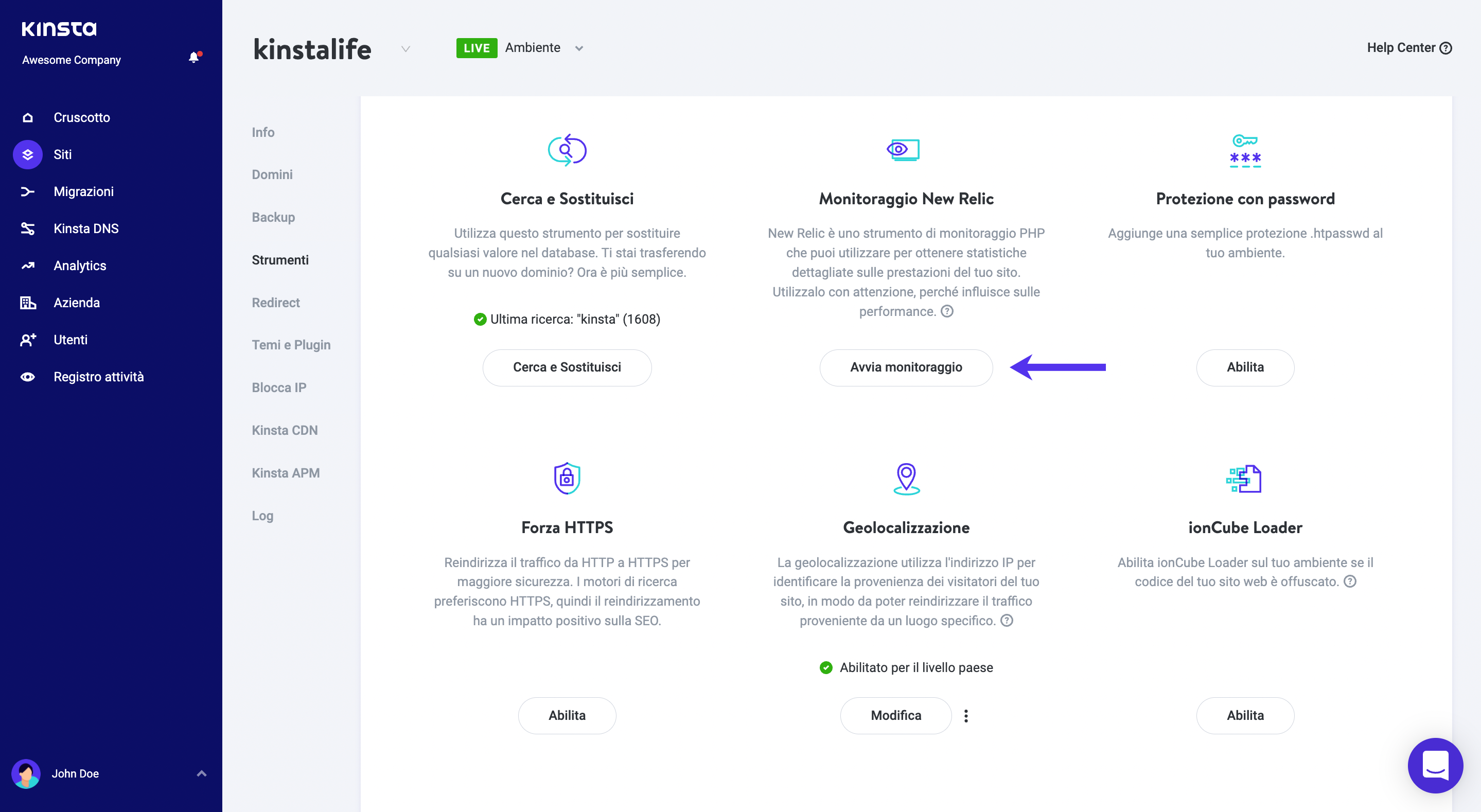 Avviare il monitoraggio di New Relic per WordPress in MyKinsta.
