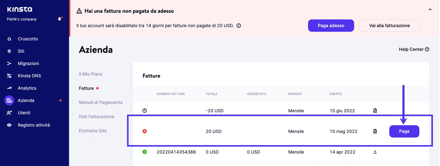 Paga una fattura non pagata in MyKinsta.