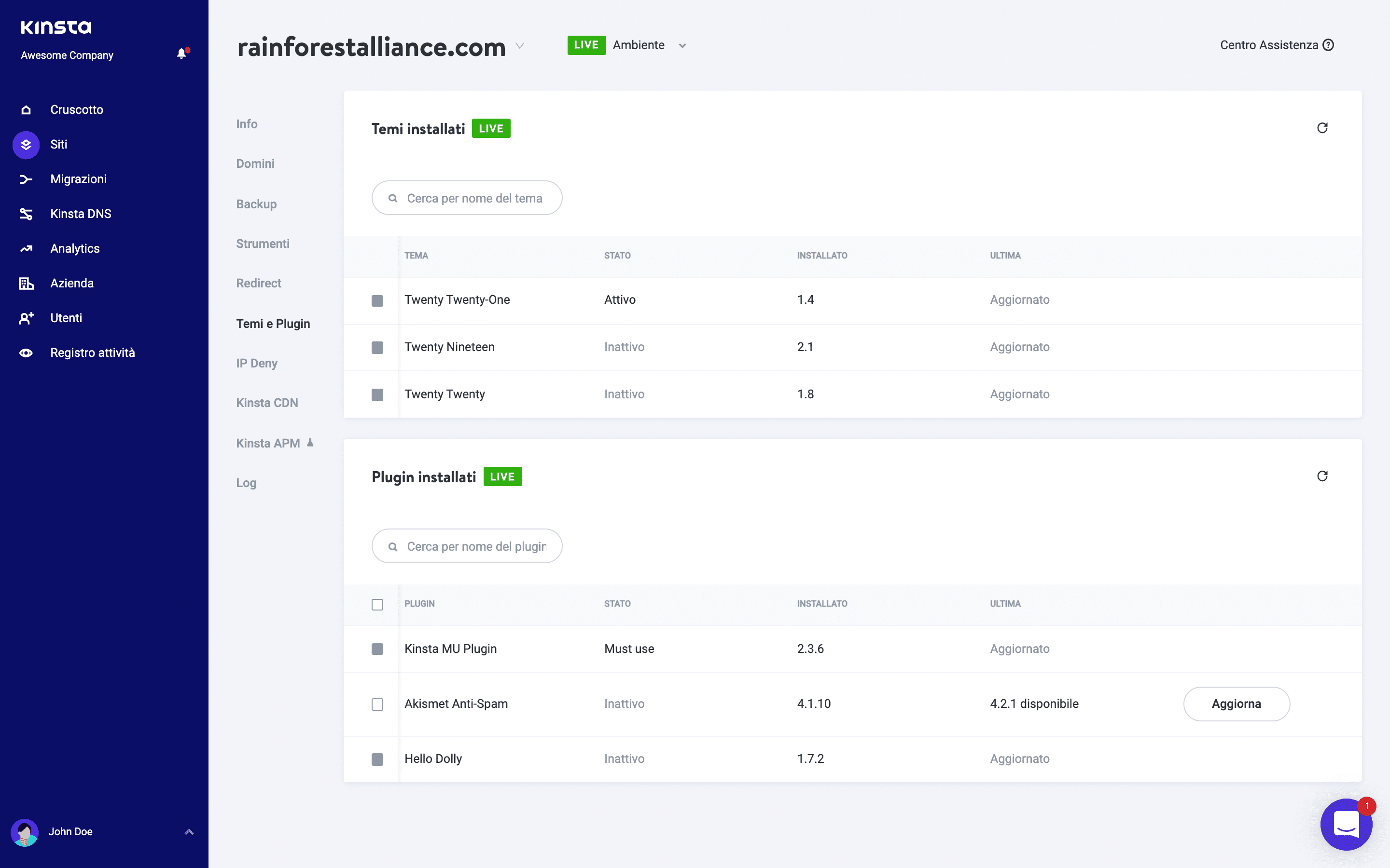 Visualizza temi e plugin in MyKinsta.