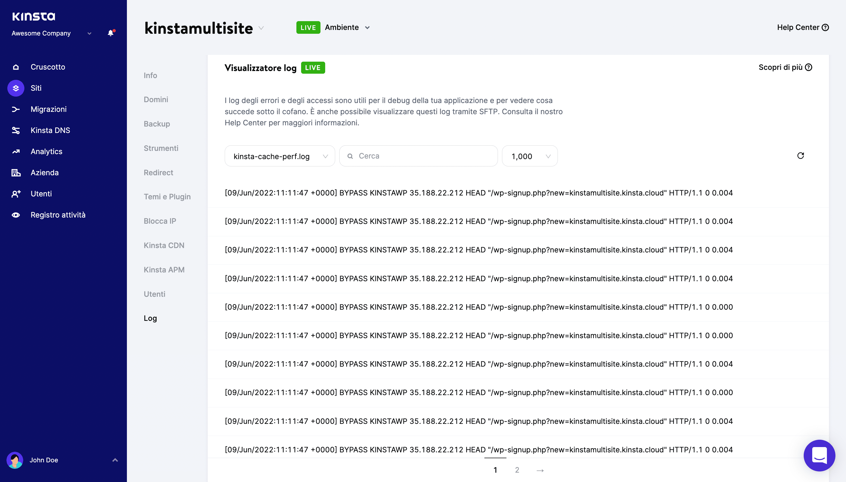 Il file kinsta-cache-perf.log nel visualizzatore dei log in MyKinsta.