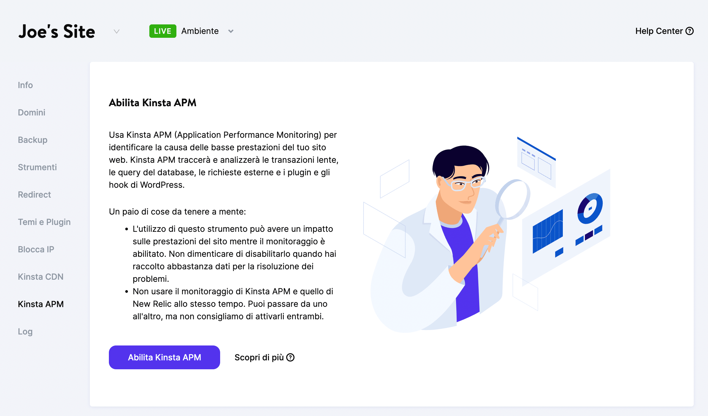 Abilitare Kinsta APM nel cruscotto di MyKinsta.