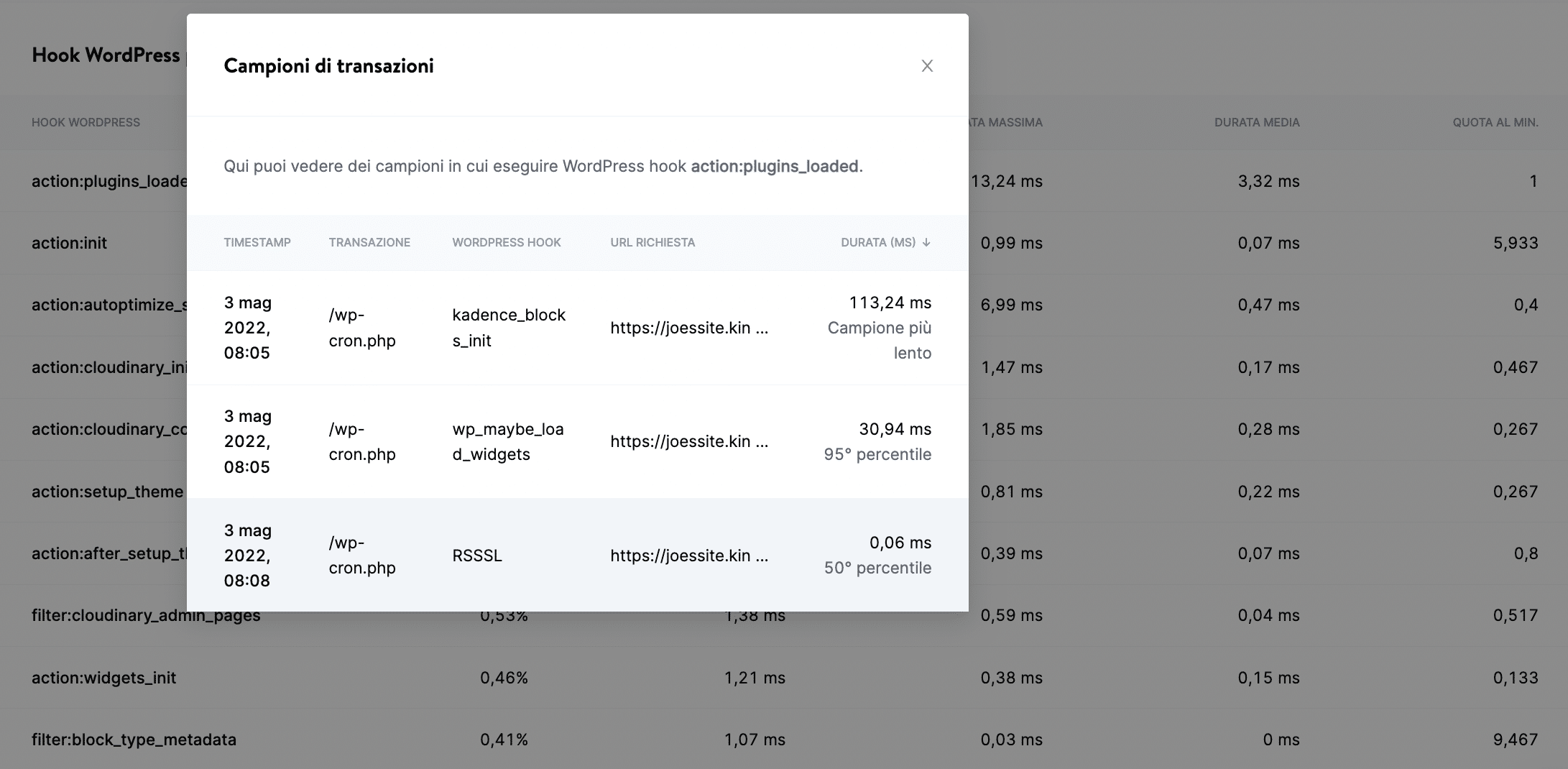 Vedere gli esempi di transazioni di un hook lento con Kinsta APM.