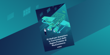 La copertina dell'ebook "10 Modi per Aumentare le Conversioni della Tua Pagina Prodotto di WooCommerce" di Kinsta che presenta un carrello della spesa con ali e motori di un razzo.