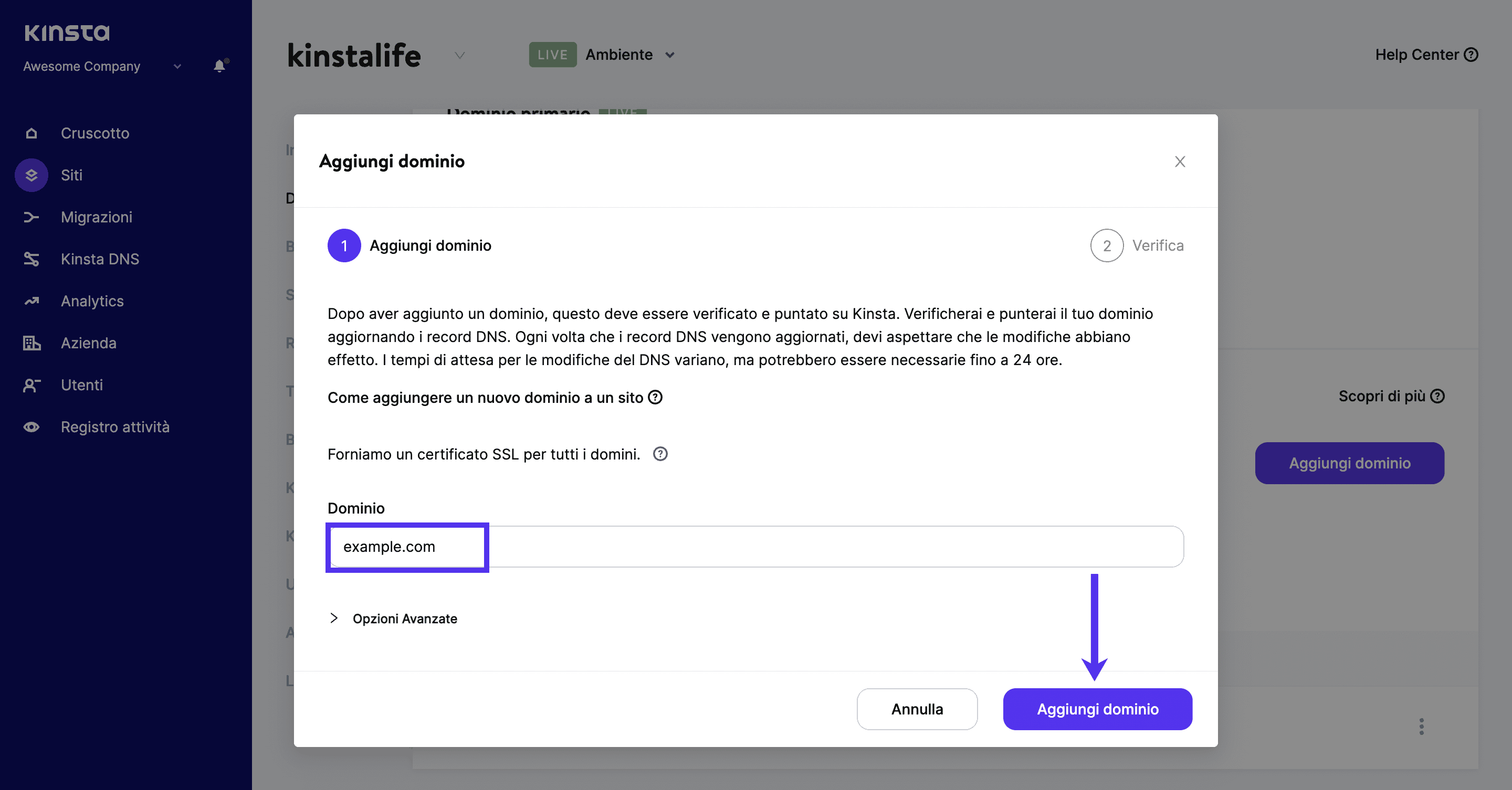 Aggiungere il dominio personalizzato del sottosito in MyKinsta.