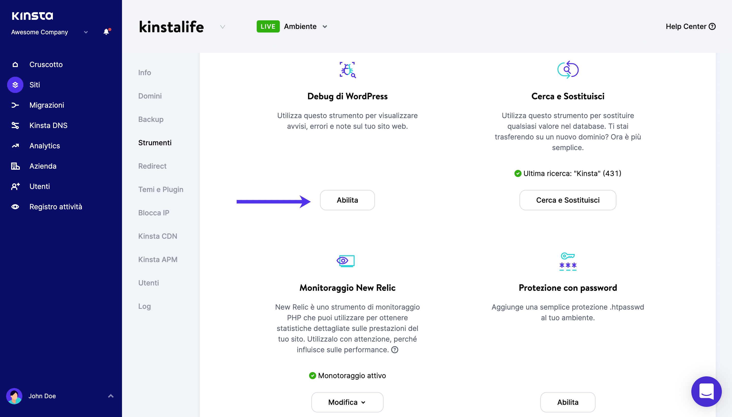 Abilitare il debug di WordPress in MyKinsta.