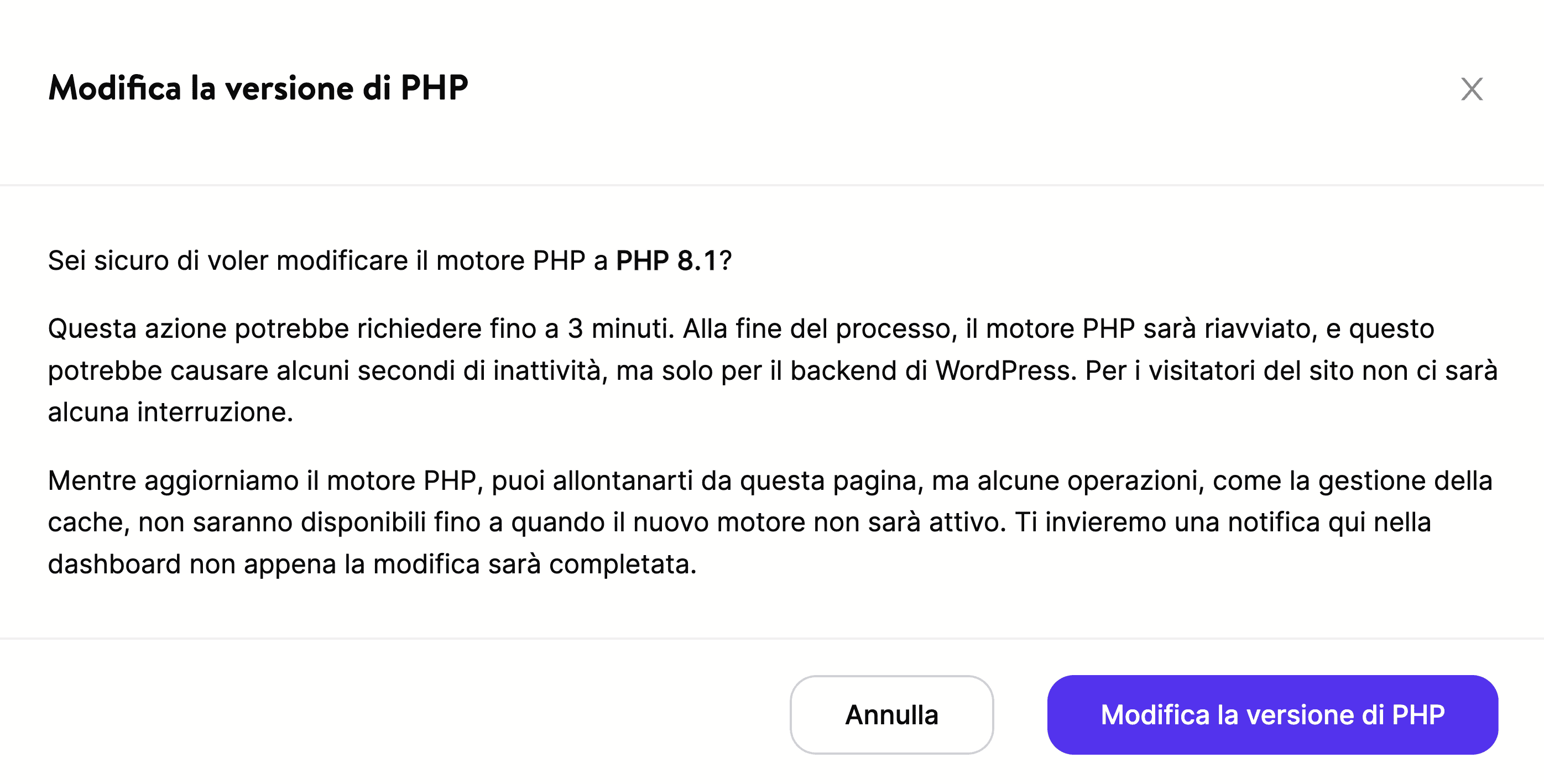 Modifica versione PHP.