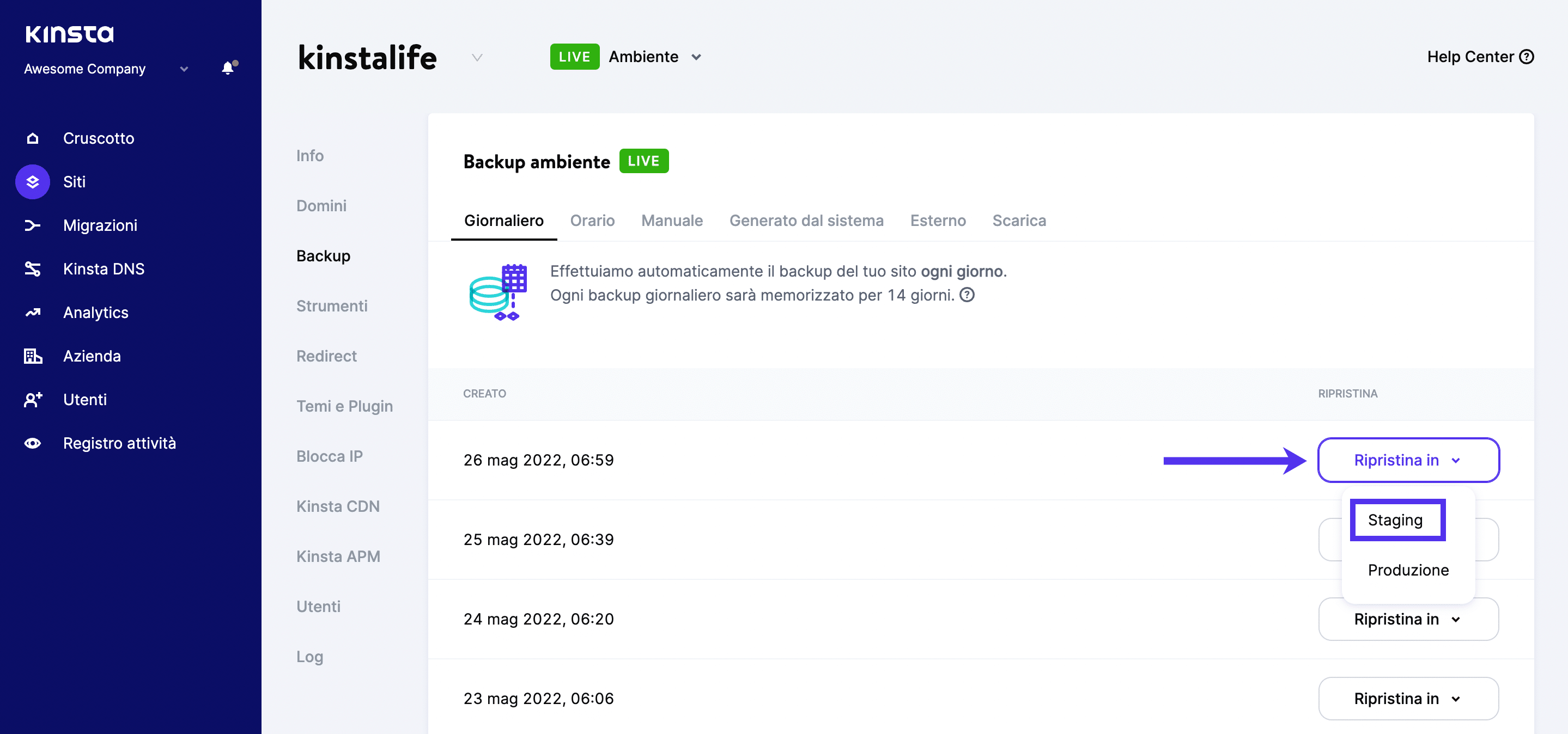 Ripristinare un backup in Staging.