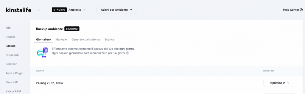 La pagina dei backup ambiente in MyKinsta.