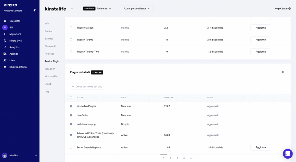 La schermata di MyKinsta Temi e Plugin.