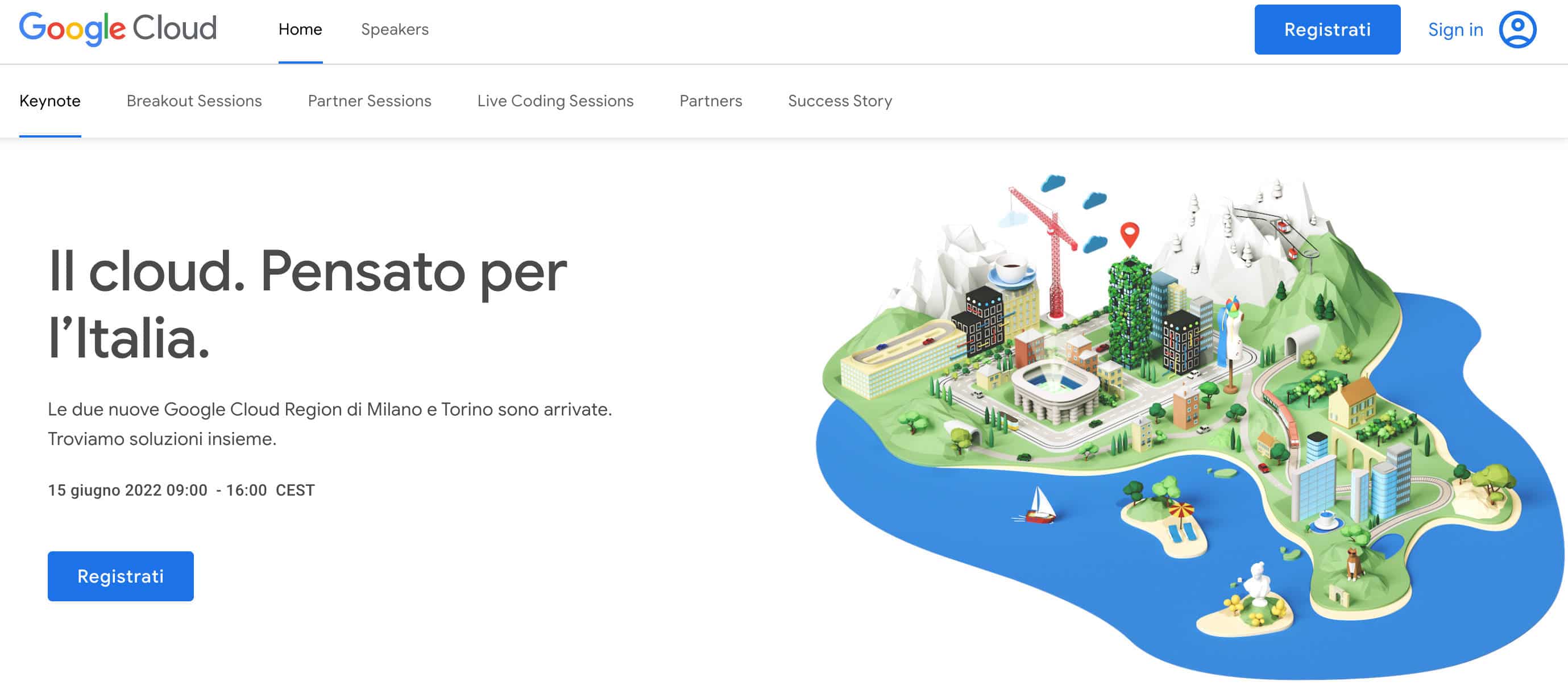 Immagine che mostra la home page dell'evento di presentazione dei nuovi data center di Milano e Torino