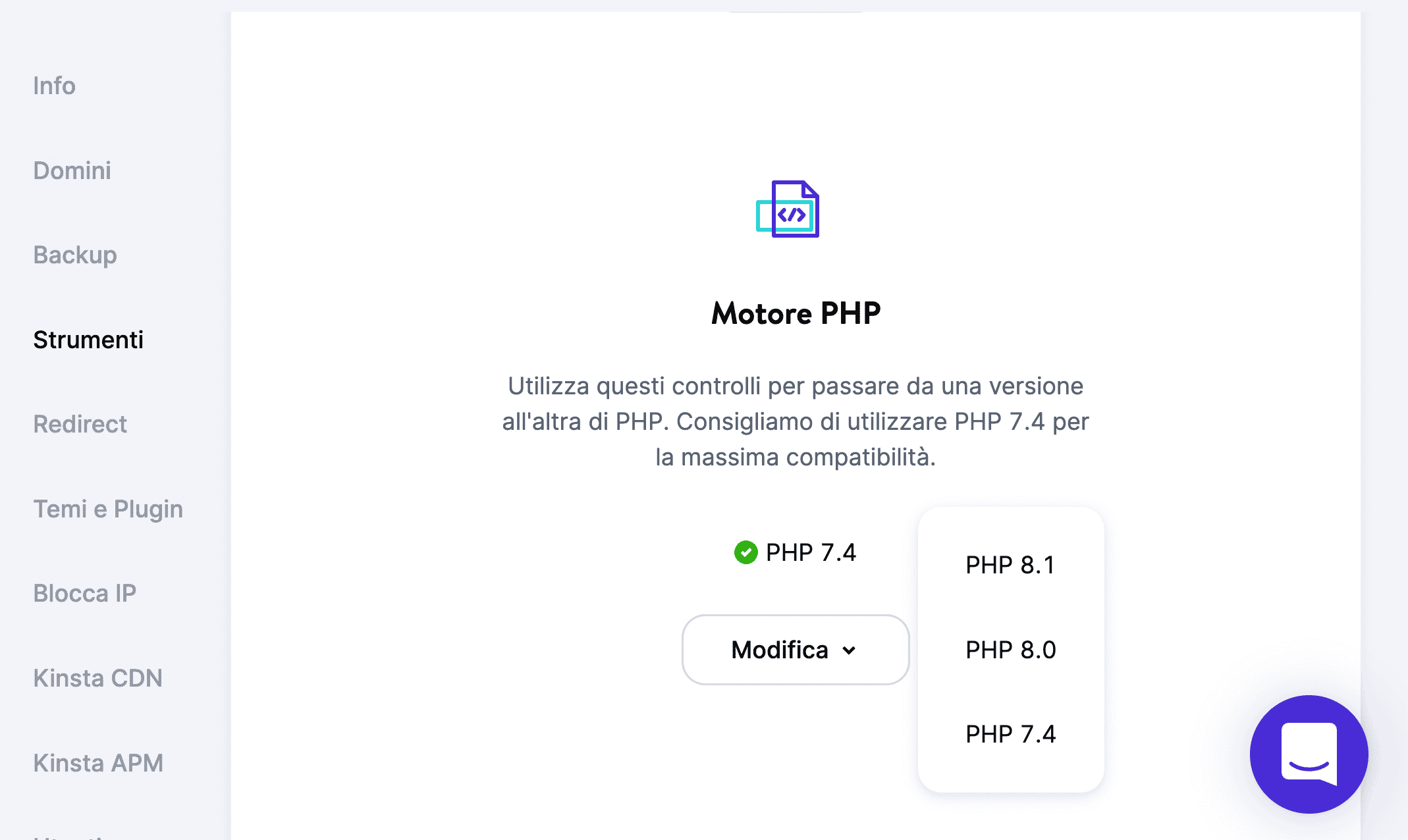 Aggiornamento di PHP con la piattaforma MyKinsta