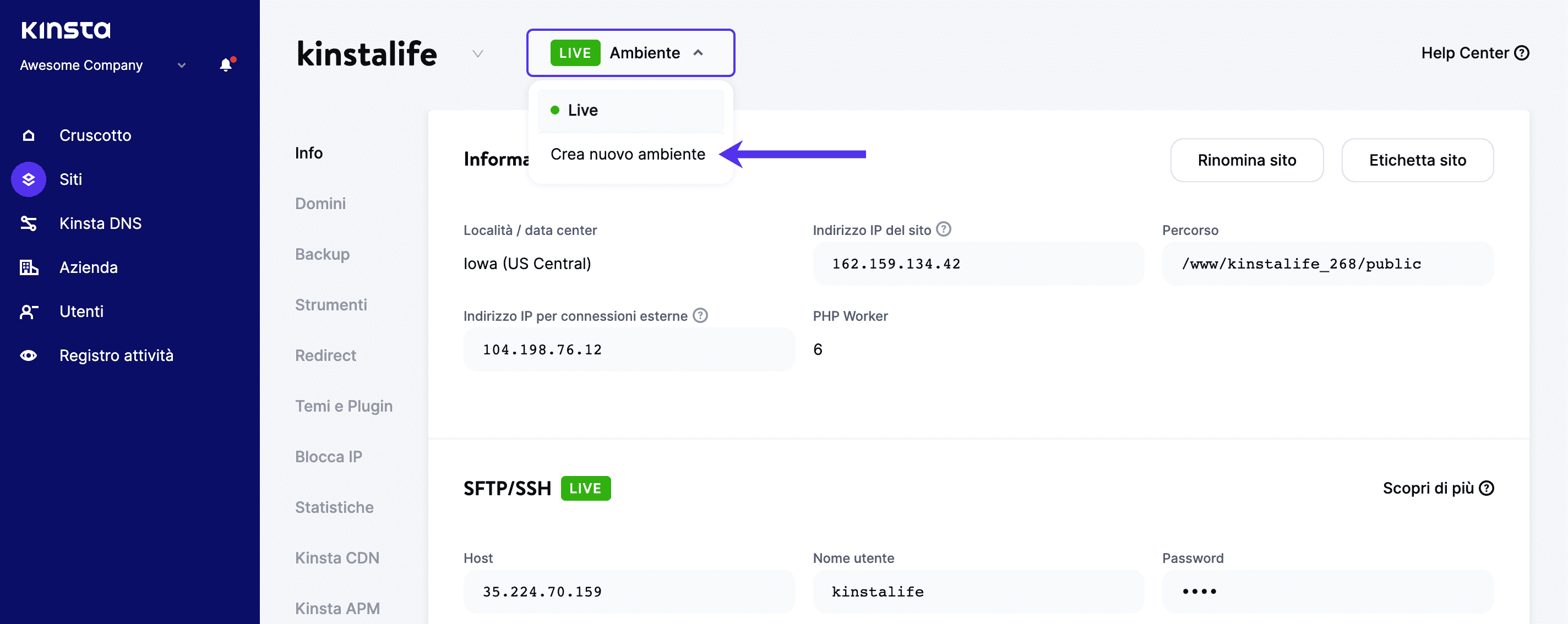 Creazione di un nuovo ambiente di staging in MyKinsta.