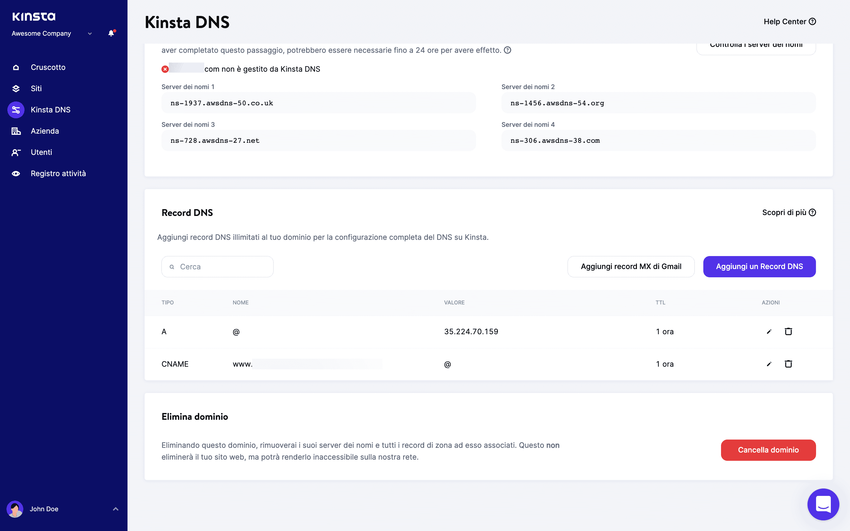 Record DNS in MyKinsta