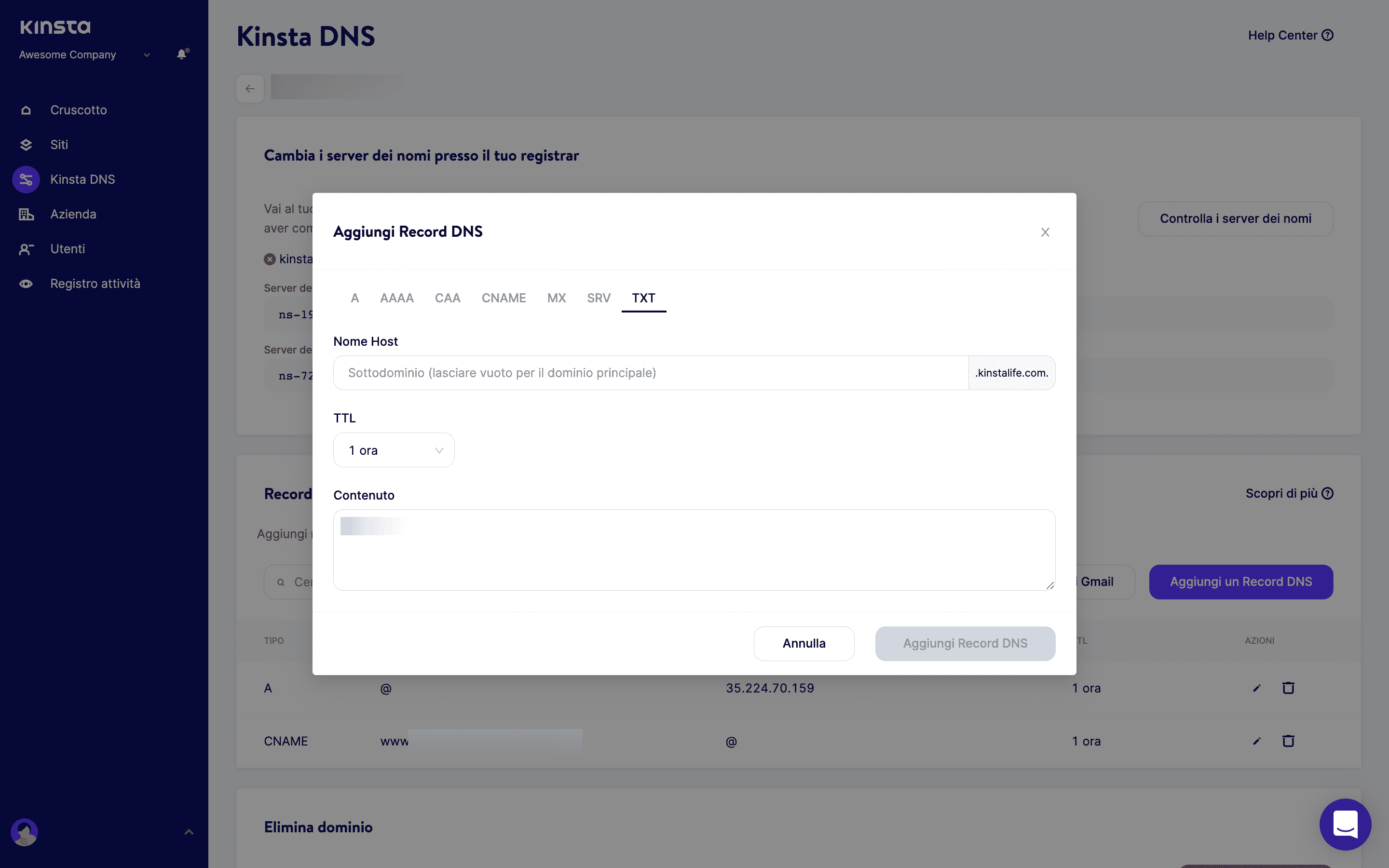 Aggiunta di un record DNS in MyKinsta